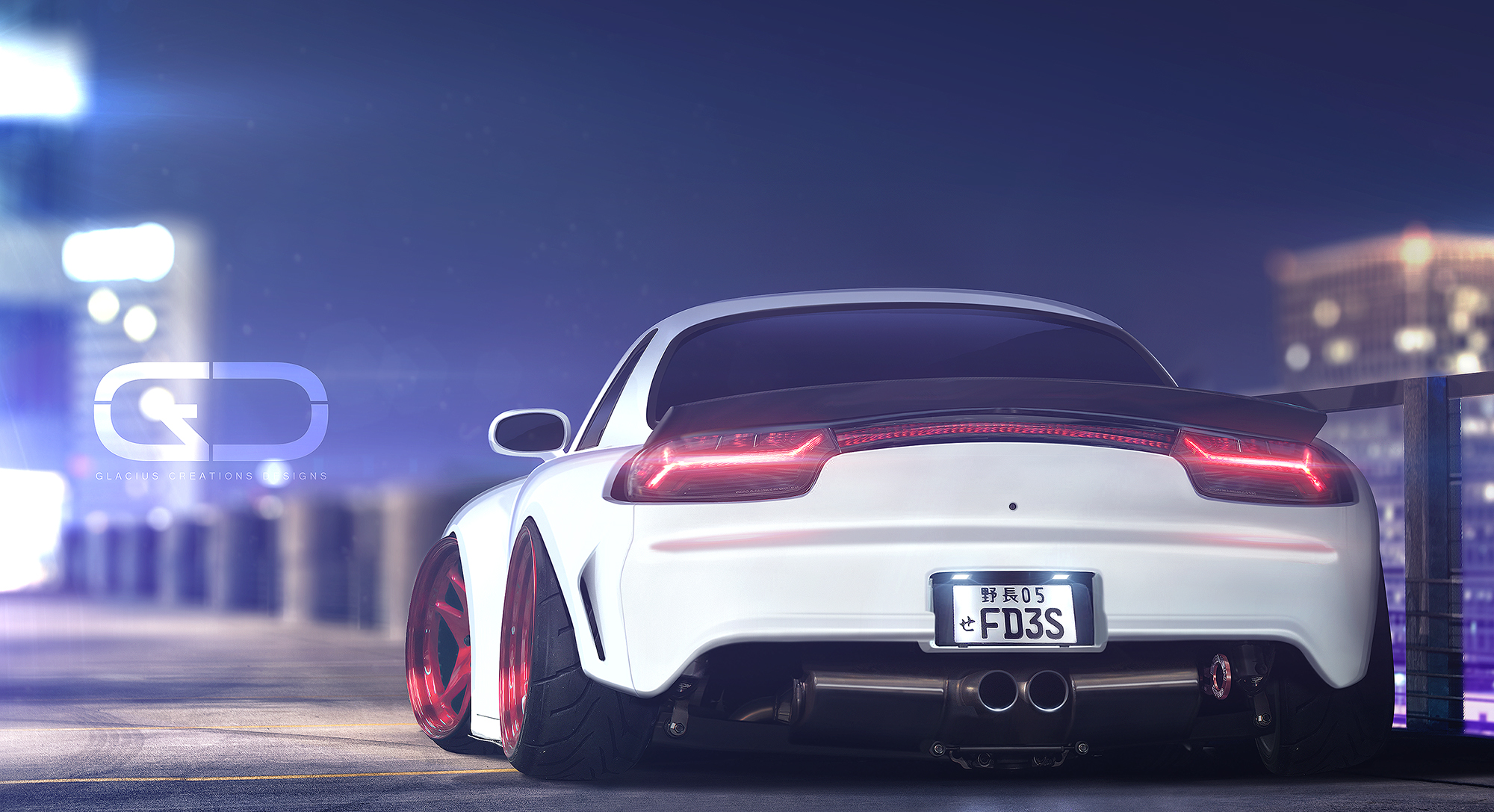 White Mazda RX-7 with custom modifications at night HD Wallpaper