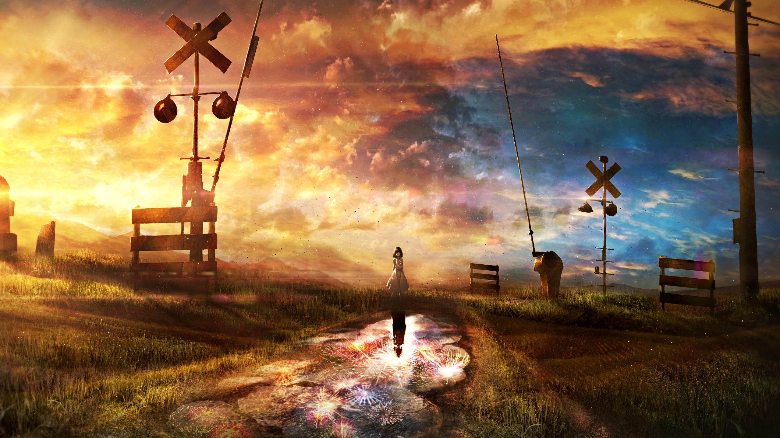 Girl standing in a puddle reflecting fireworks at sunset HD Wallpaper