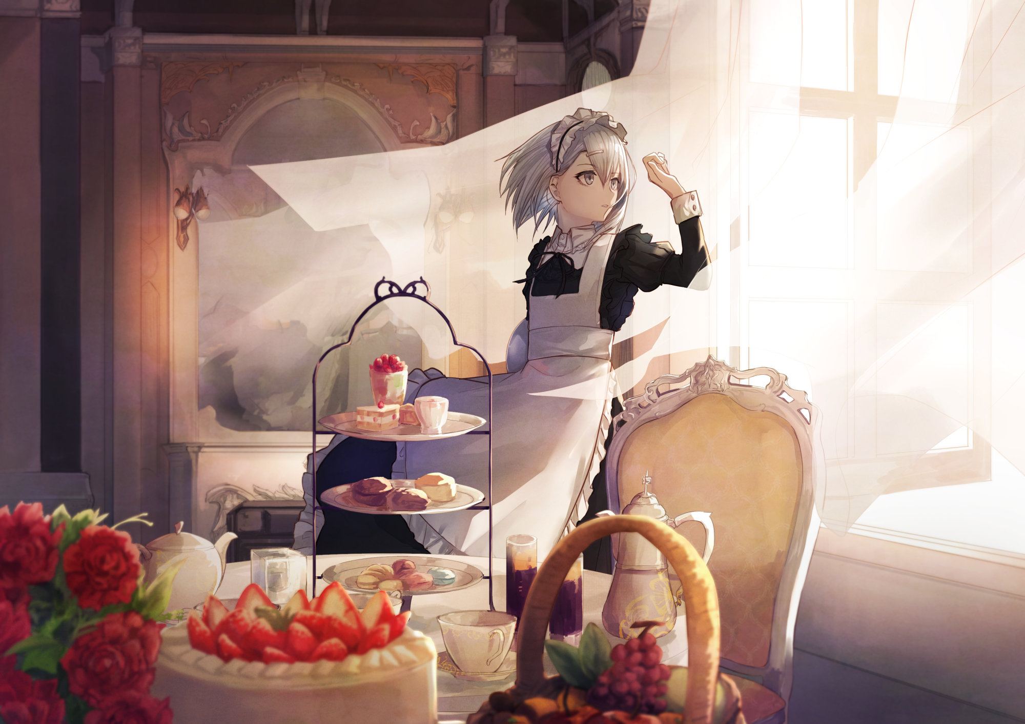 Maid serving tea and cake HD Wallpaper