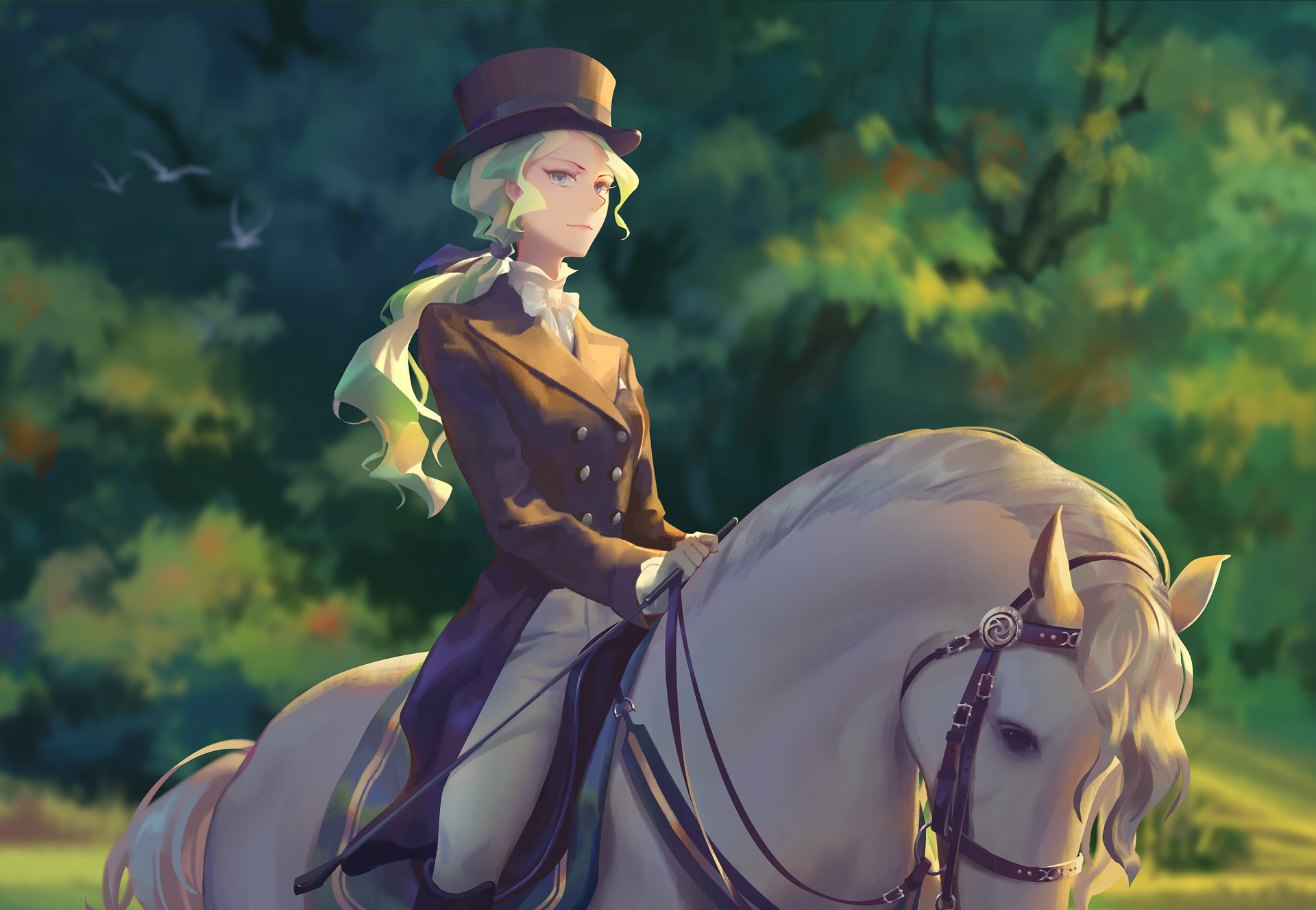 Diana Cavendish riding a horse in a forest HD Wallpaper