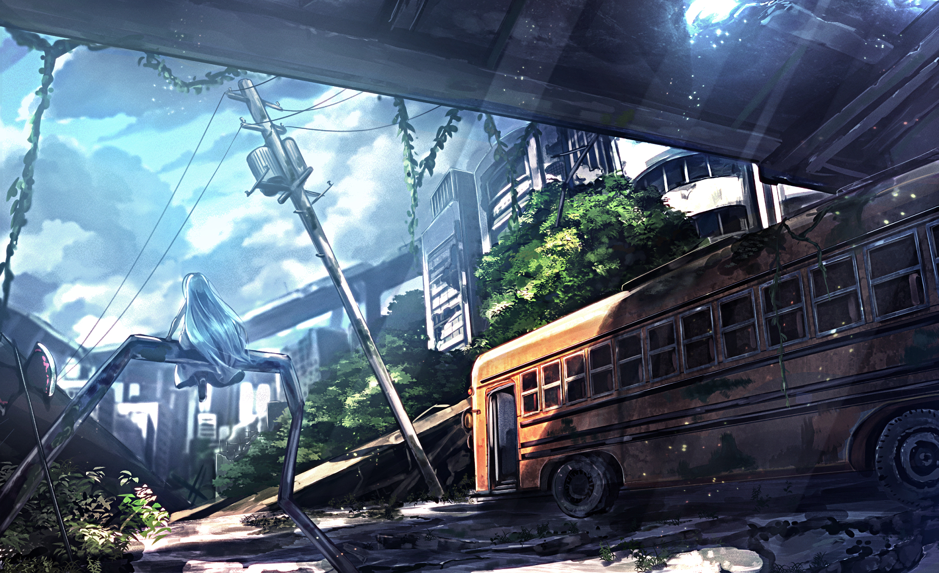 Anime girl sitting on ruins near abandoned bus HD Wallpaper