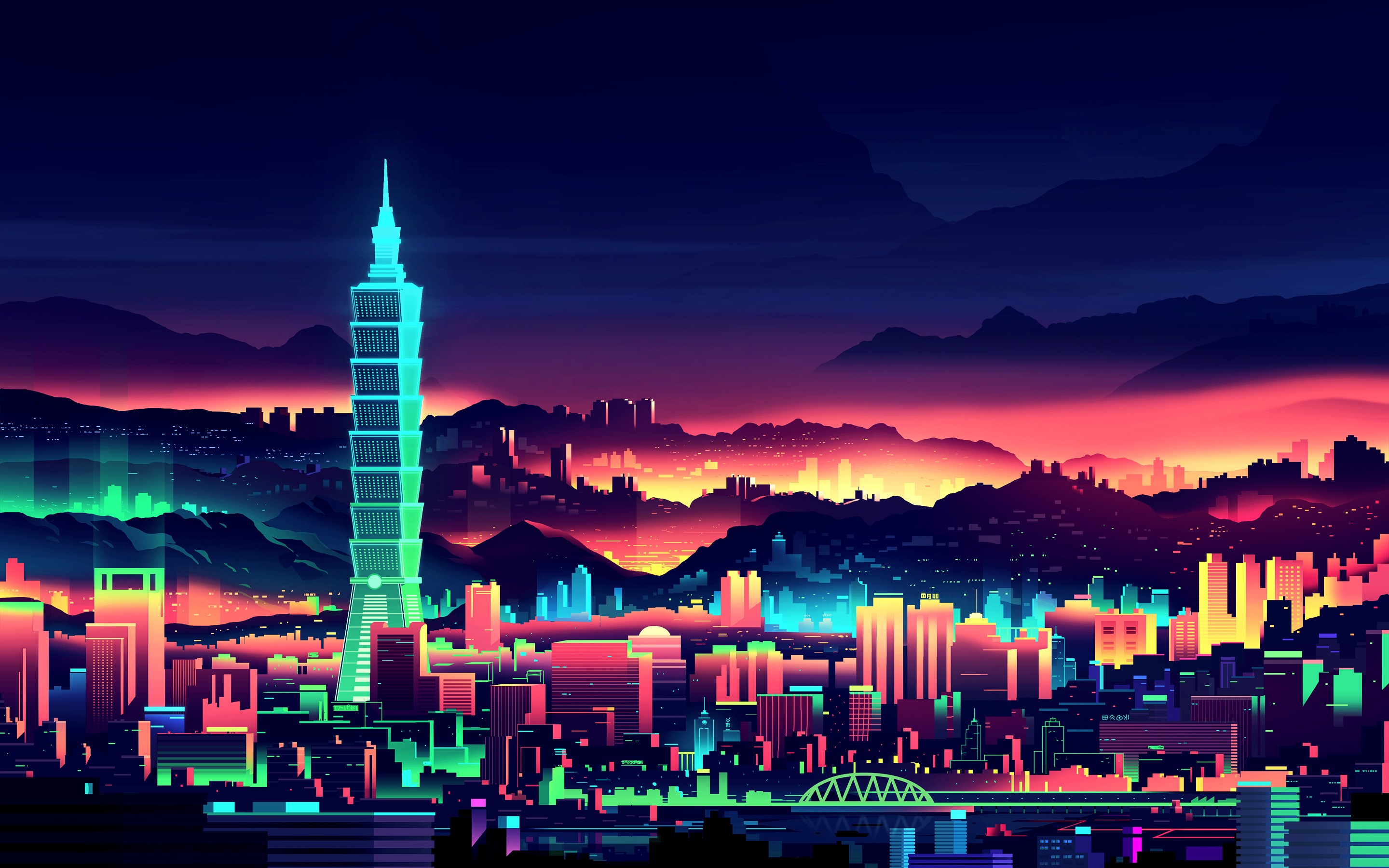 Neon cityscape with Taipei 101 skyscraper at night HD Wallpaper