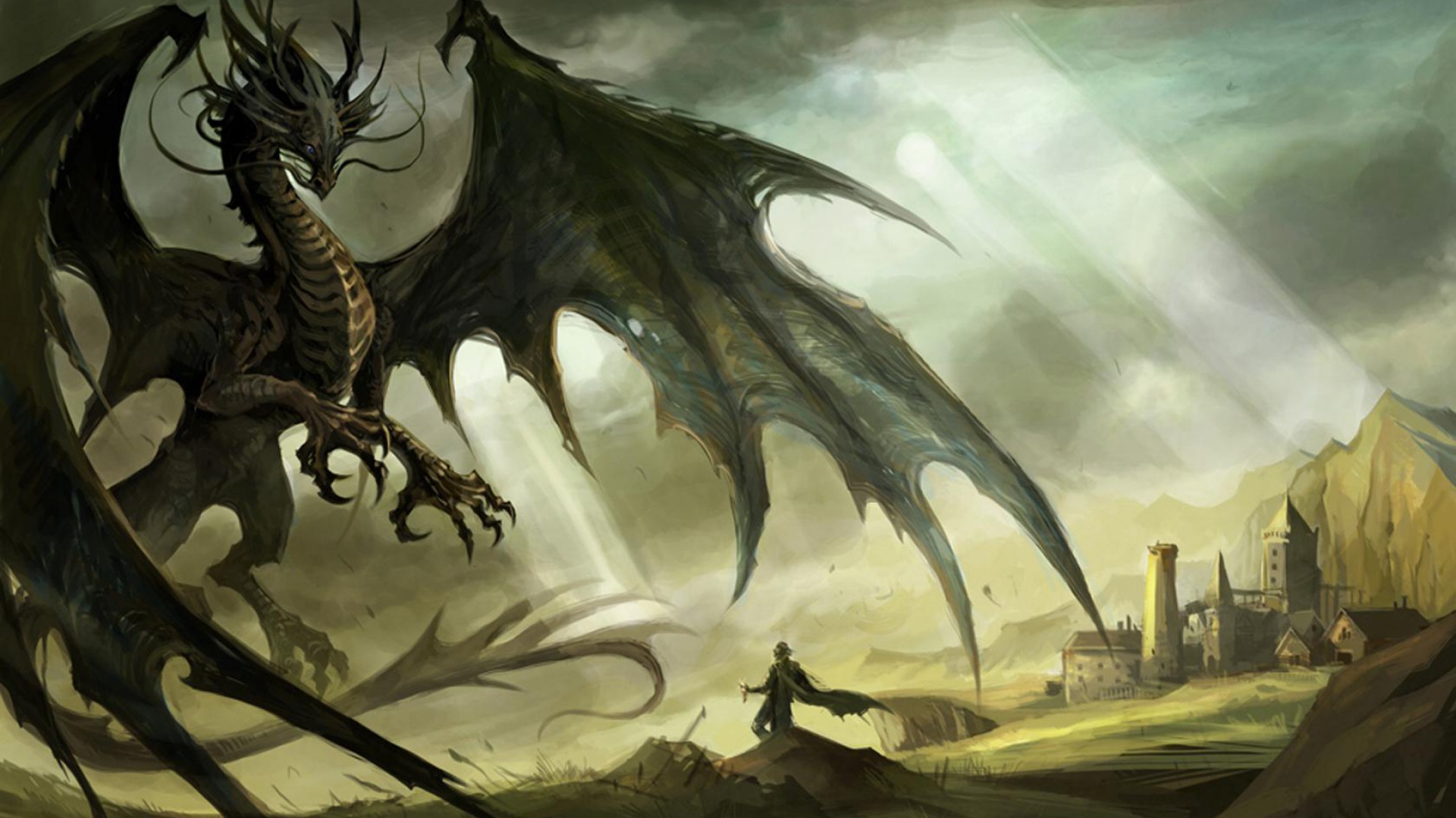 Dragon attacking a village with a knight HD Wallpaper