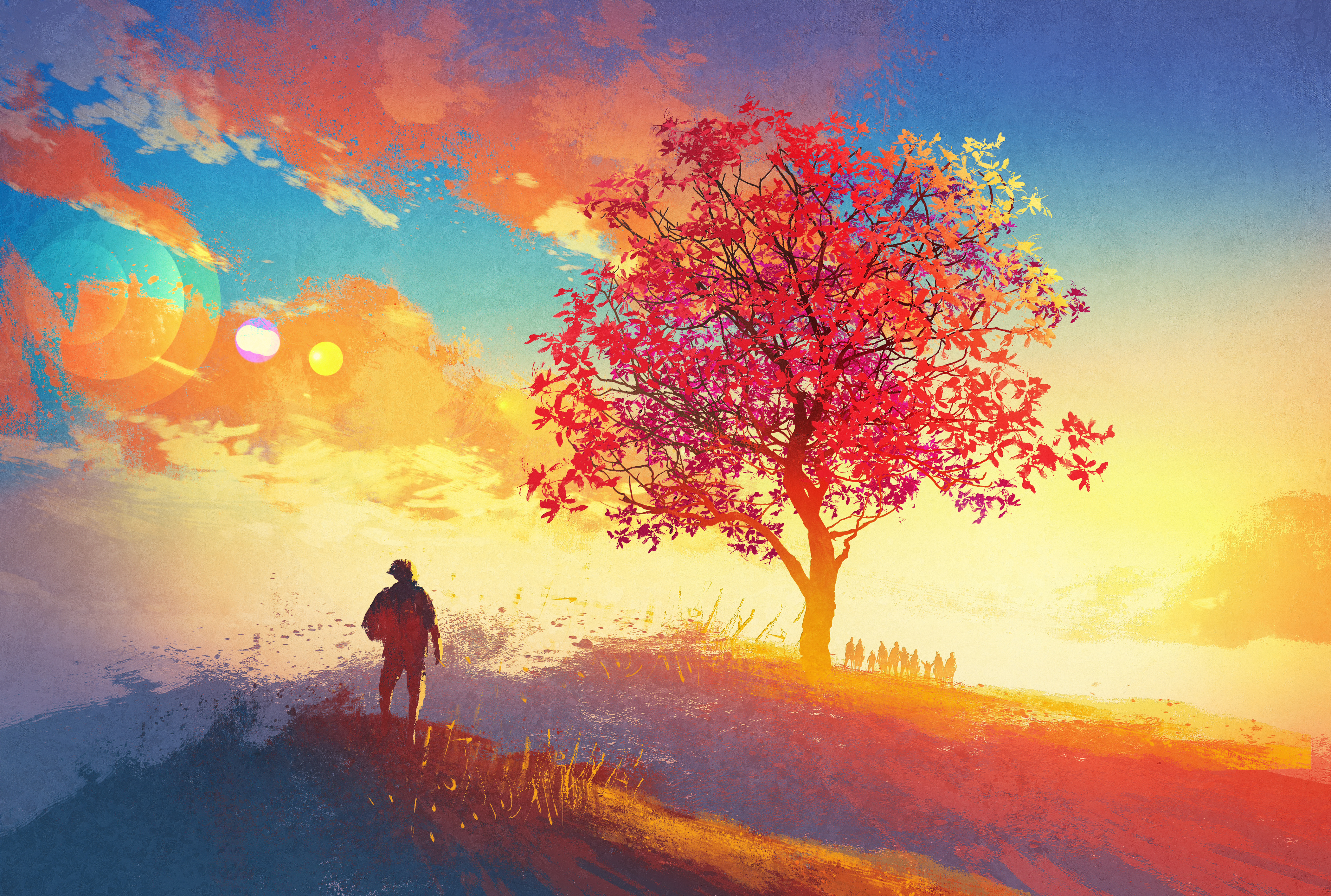 Fantasy landscape with a lone figure and a tree HD Wallpaper