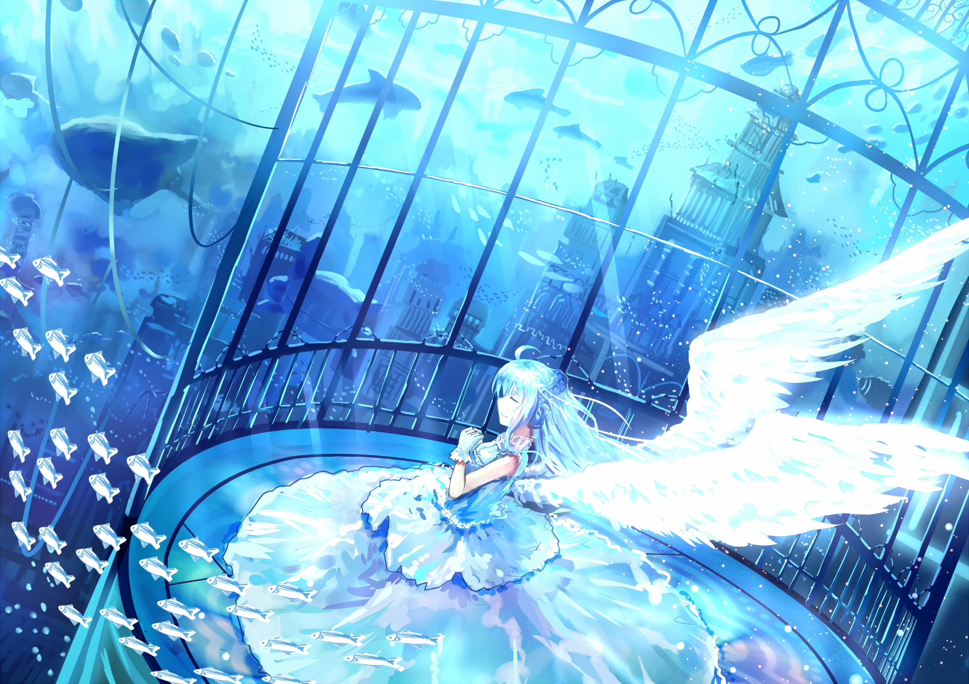 Anime girl with wings in underwater city HD Wallpaper