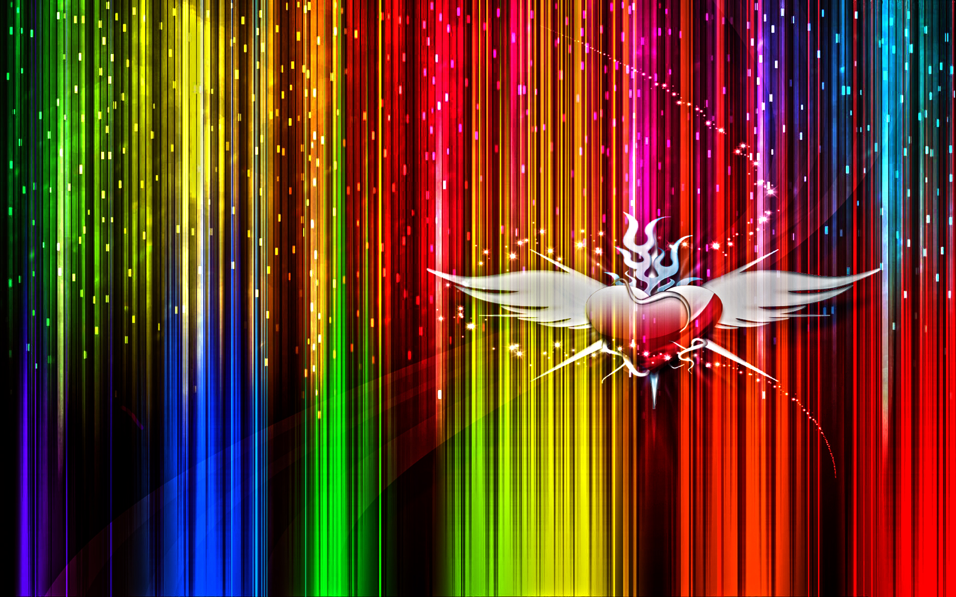Winged Flaming Heart on Rainbow Background HD Wallpaper
