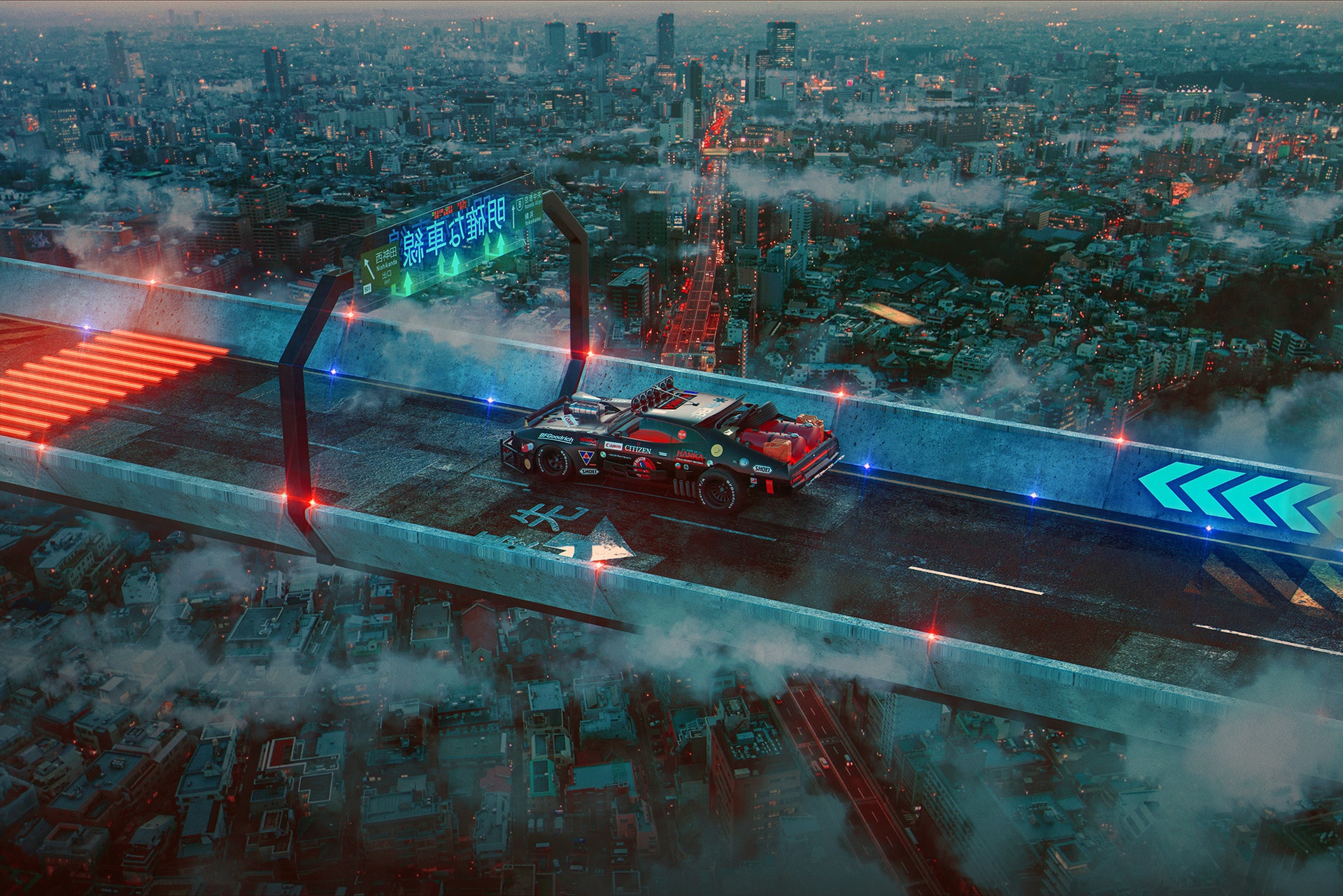 Futuristic car on a highway over a cyberpunk city HD Wallpaper