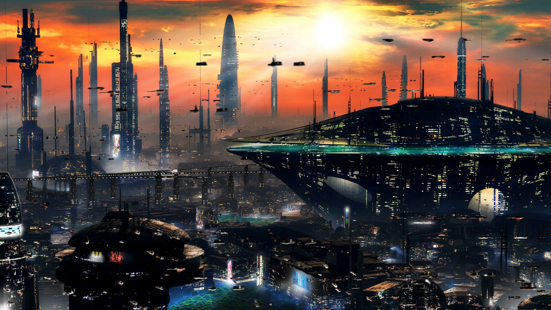 Futuristic Cityscape at Sunset with Flying Vehicles HD Wallpaper