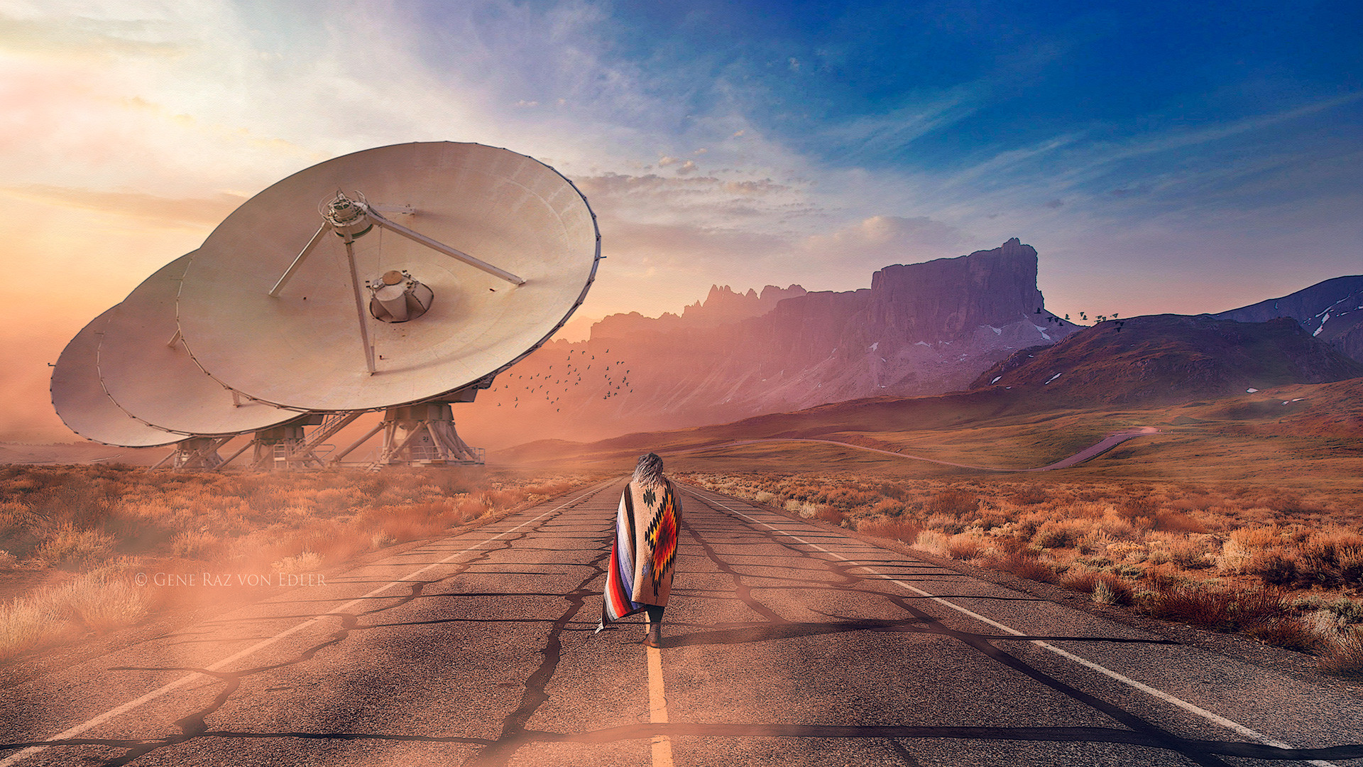 Person in Blanket Walks Towards Satellite Dishes in Desert Landscape HD Wallpaper