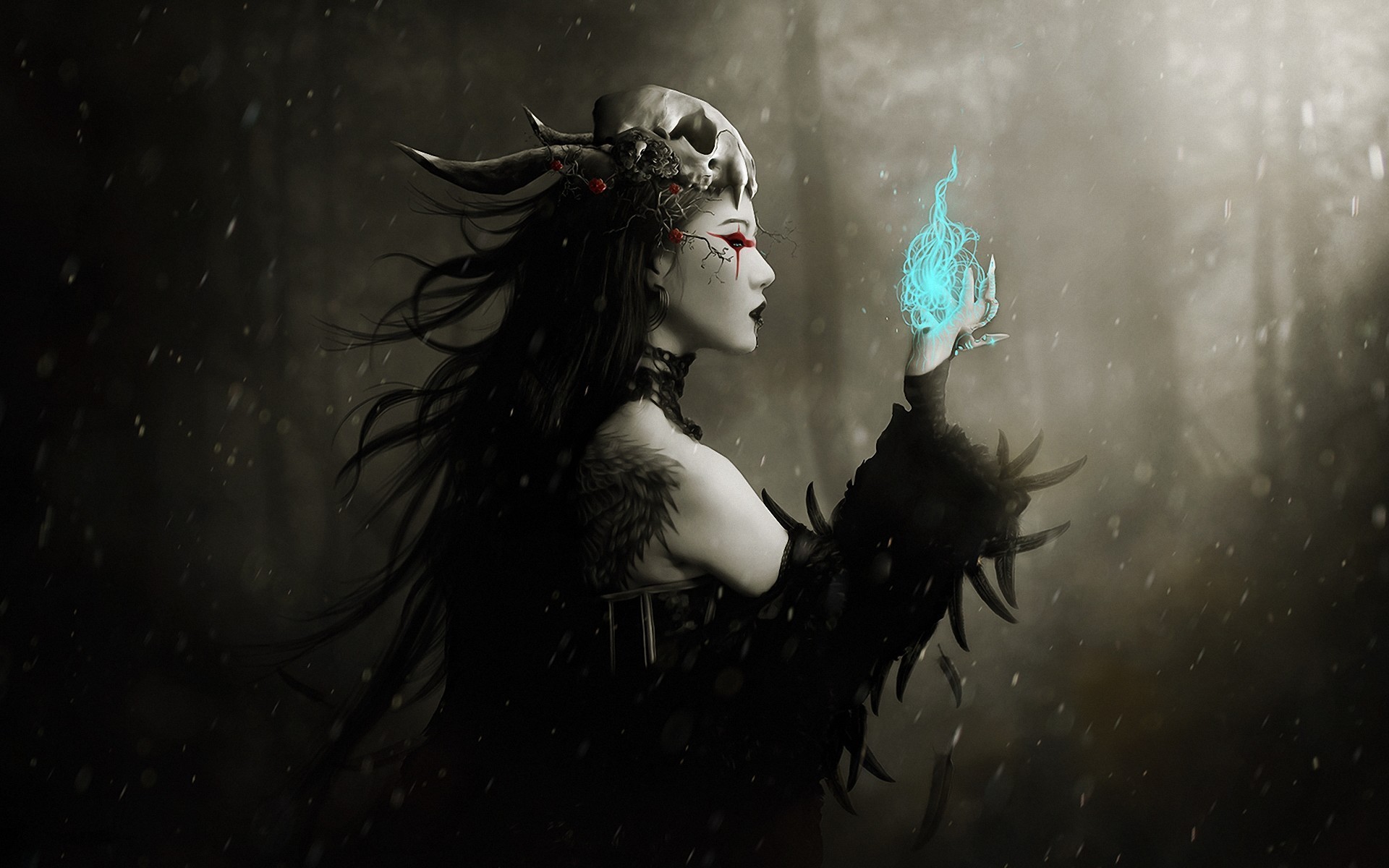 Dark fantasy woman with skull headdress and blue magic HD Wallpaper