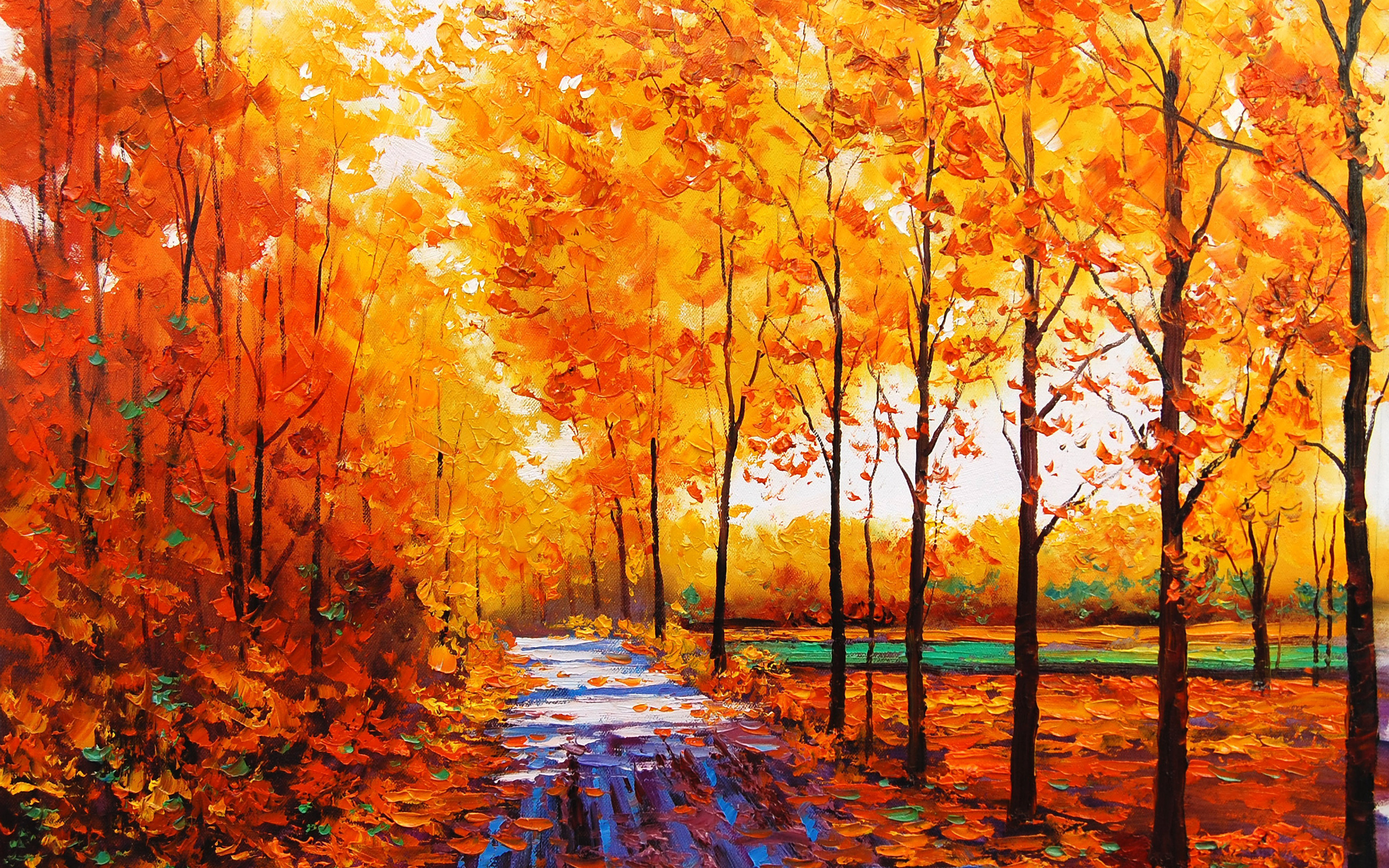 Oil Painting of an Autumn Forest Path HD Wallpaper