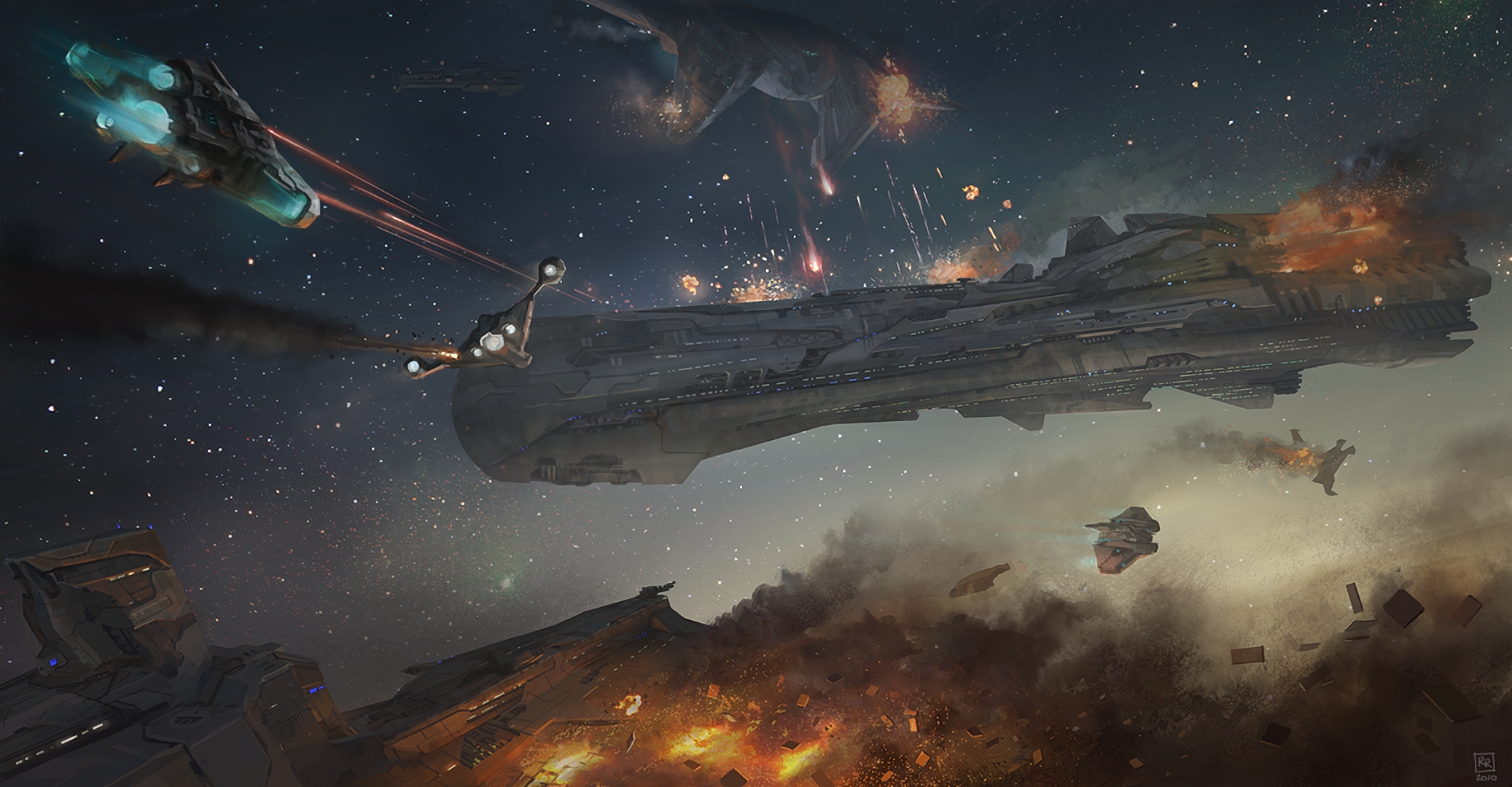 Futuristic space battle with battleships and fighters HD Wallpaper