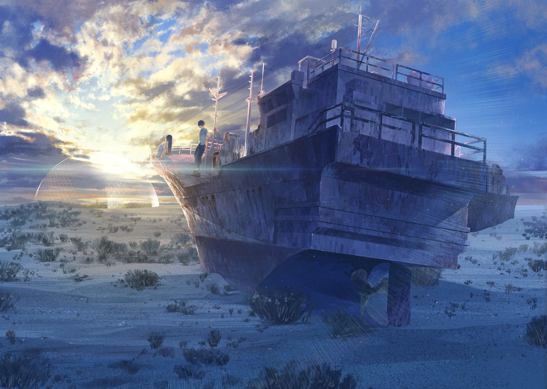 Anime shipwreck with two people at sunset HD Wallpaper