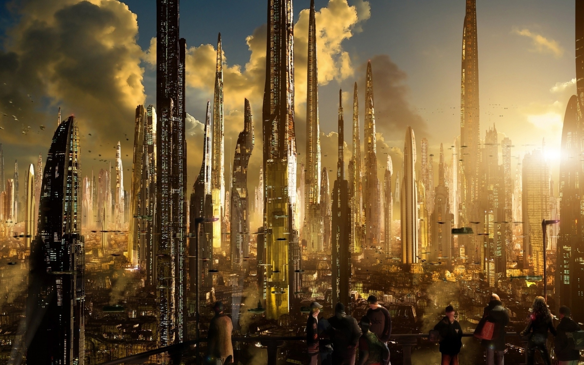 Futuristic Cityscape with Tall Buildings and Flying Vehicles HD Wallpaper