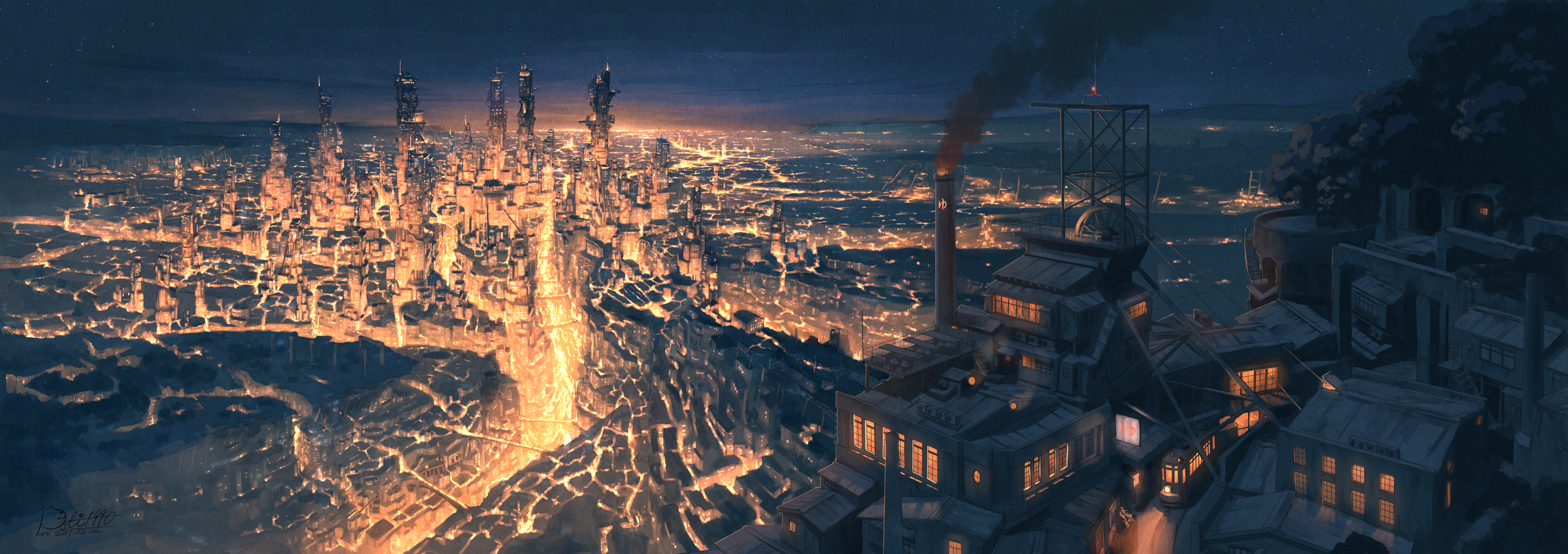 Cityscape with factory and lava at night HD Wallpaper