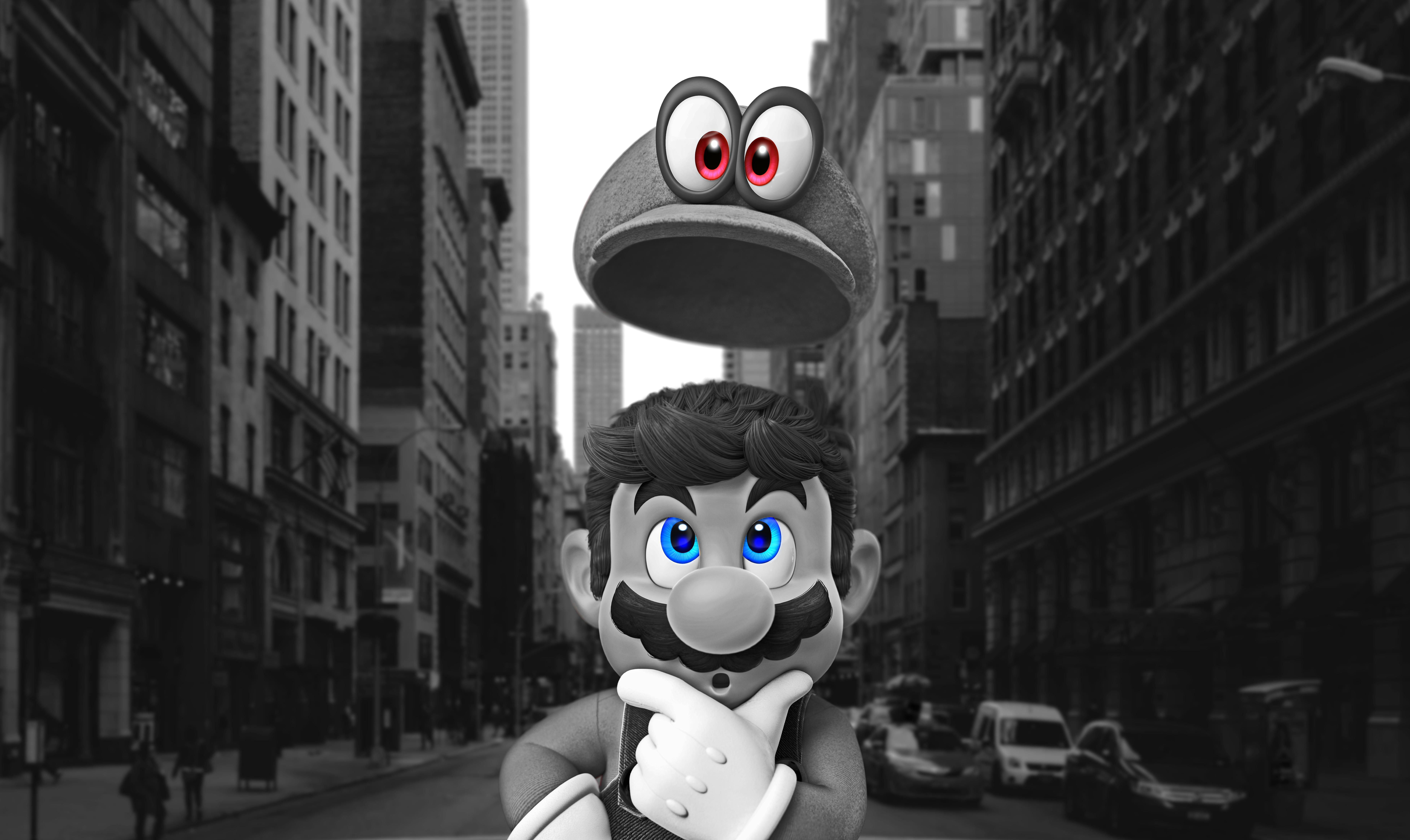 Mario from Super Mario Odyssey in a city HD Wallpaper