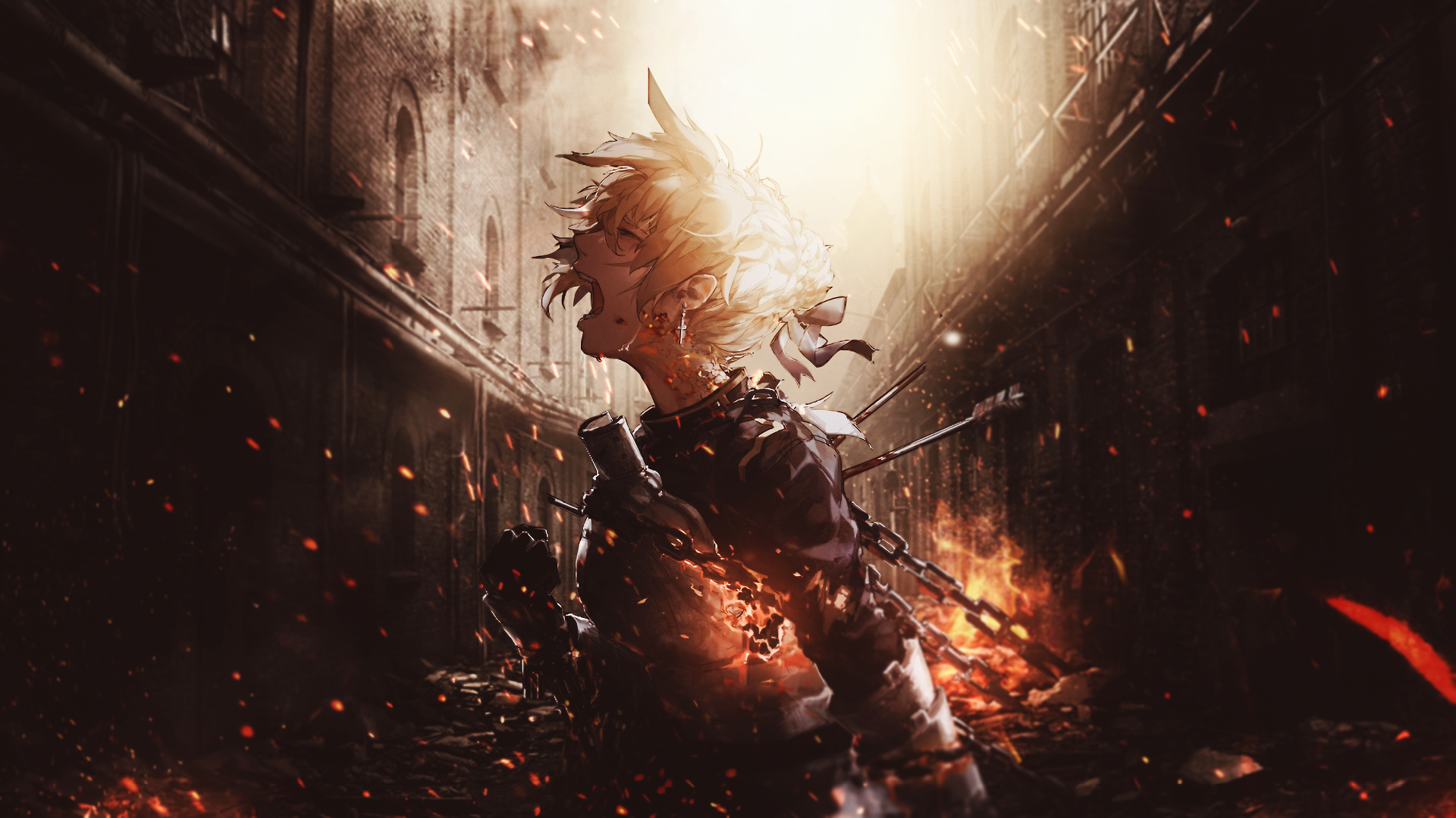 Saber from Fate Series in a burning alley HD Wallpaper