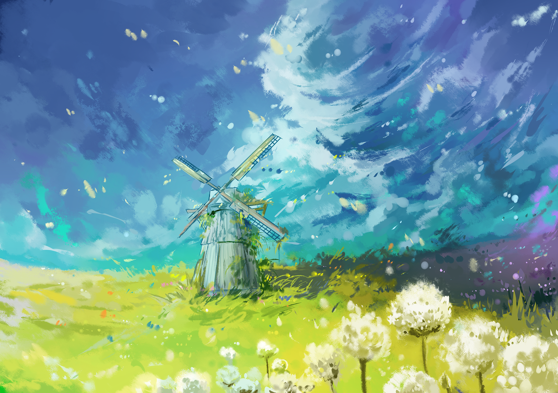 Anime Windmill in a Field of Flowers HD Wallpaper