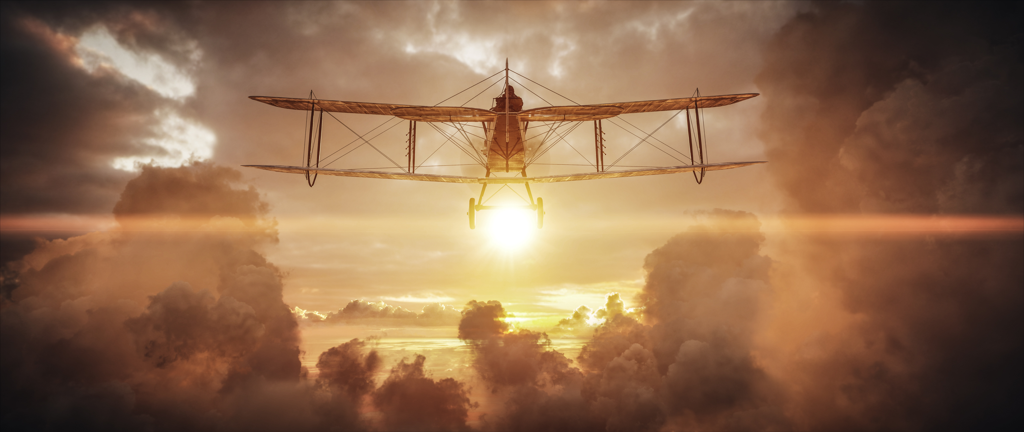 Biplane flying through clouds at sunset HD Wallpaper