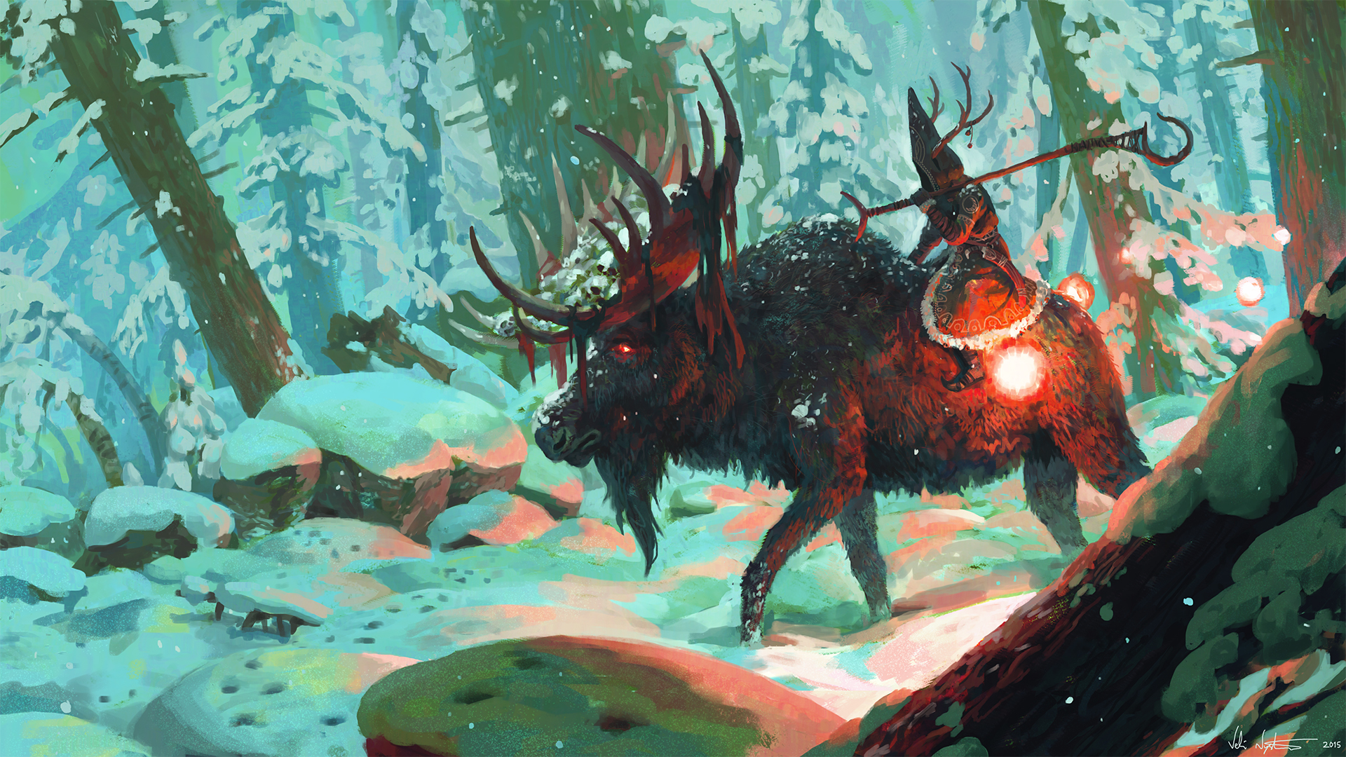 Warrior riding a dark creature in a snowy forest HD Wallpaper