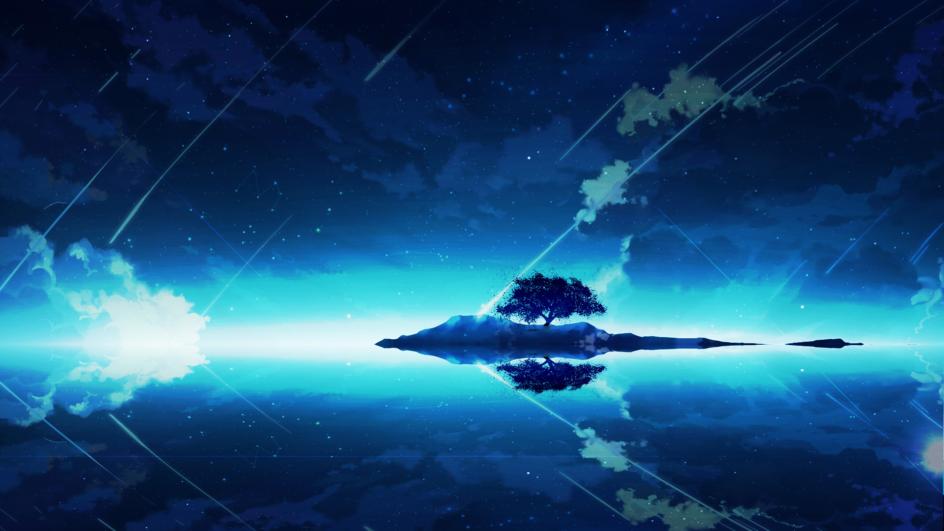 Blue Night Sky with Shooting Stars and Island Tree HD Wallpaper
