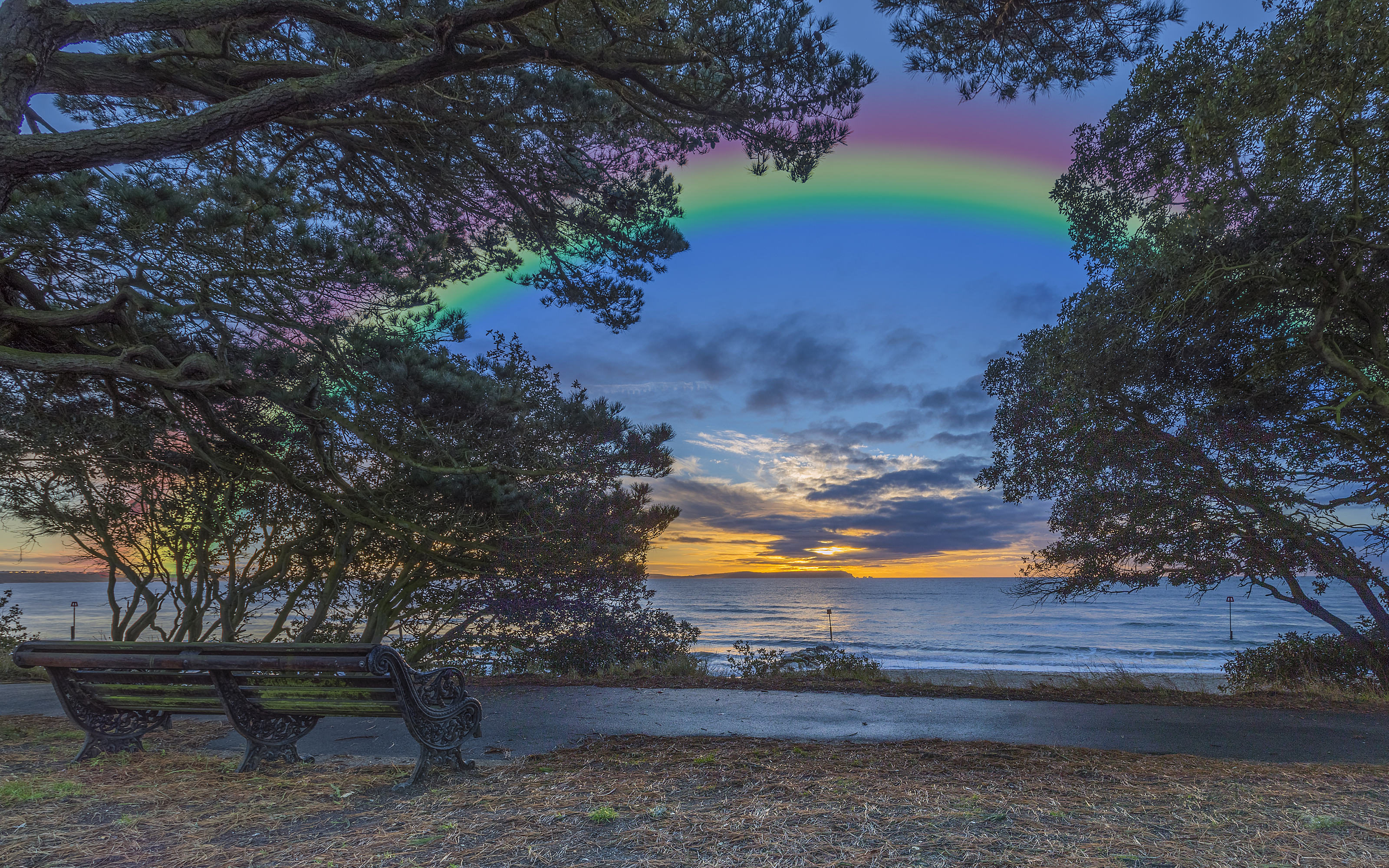 Bench by the sea with a rainbow HD Wallpaper