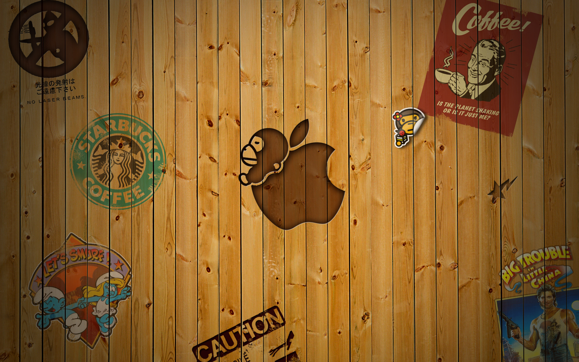 Apple logo with stickers on wood HD Wallpaper