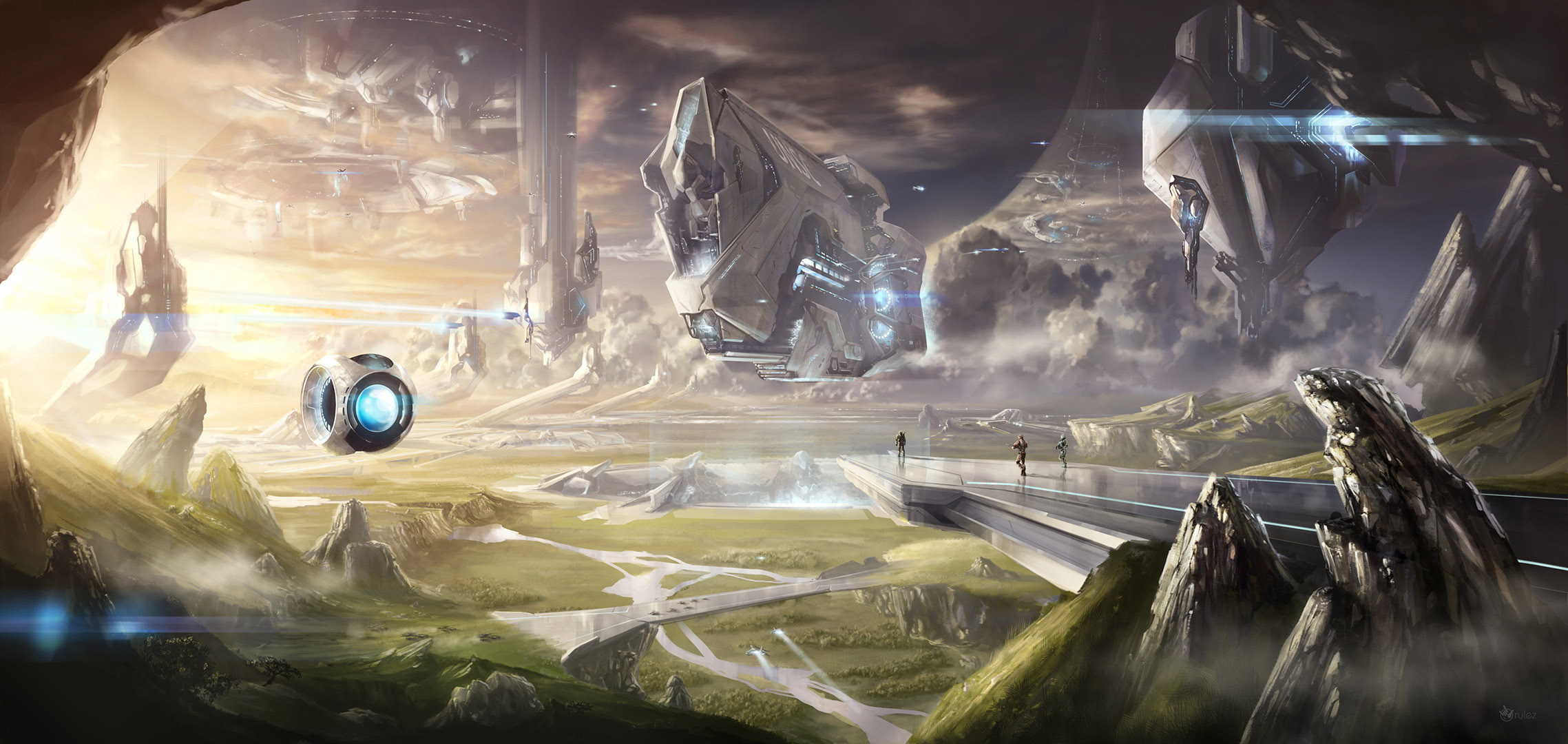 Halo landscape with futuristic structures and a drone HD Wallpaper