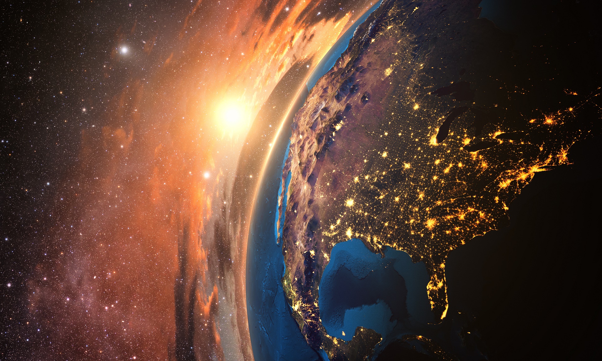 Earth from space at sunrise over North America HD Wallpaper
