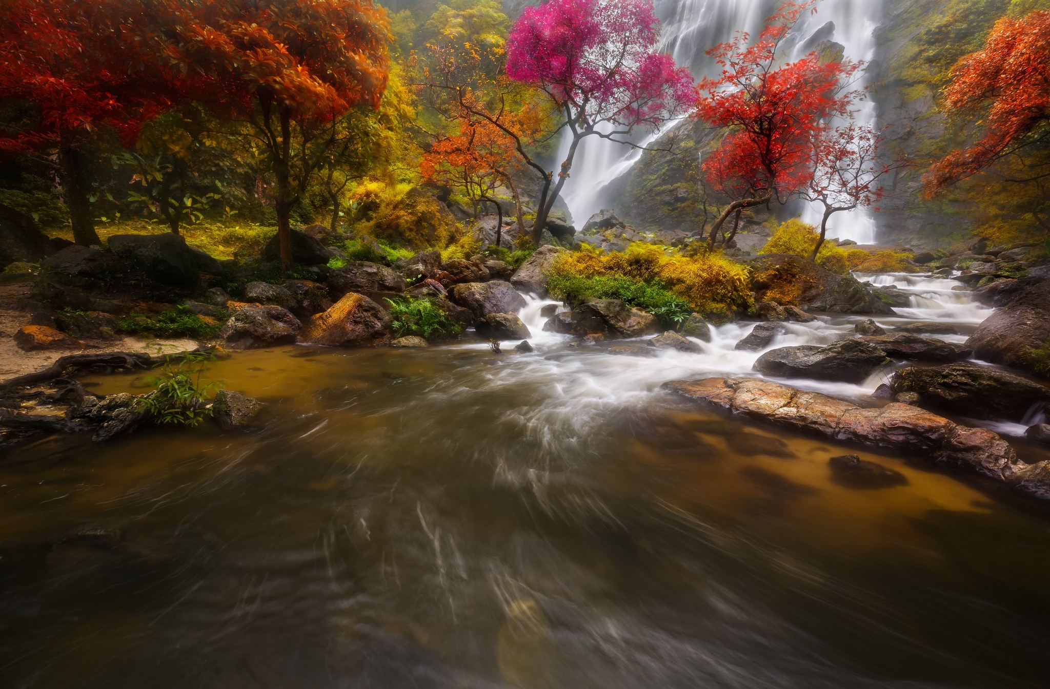 Autumn Waterfall and Stream HD Wallpaper