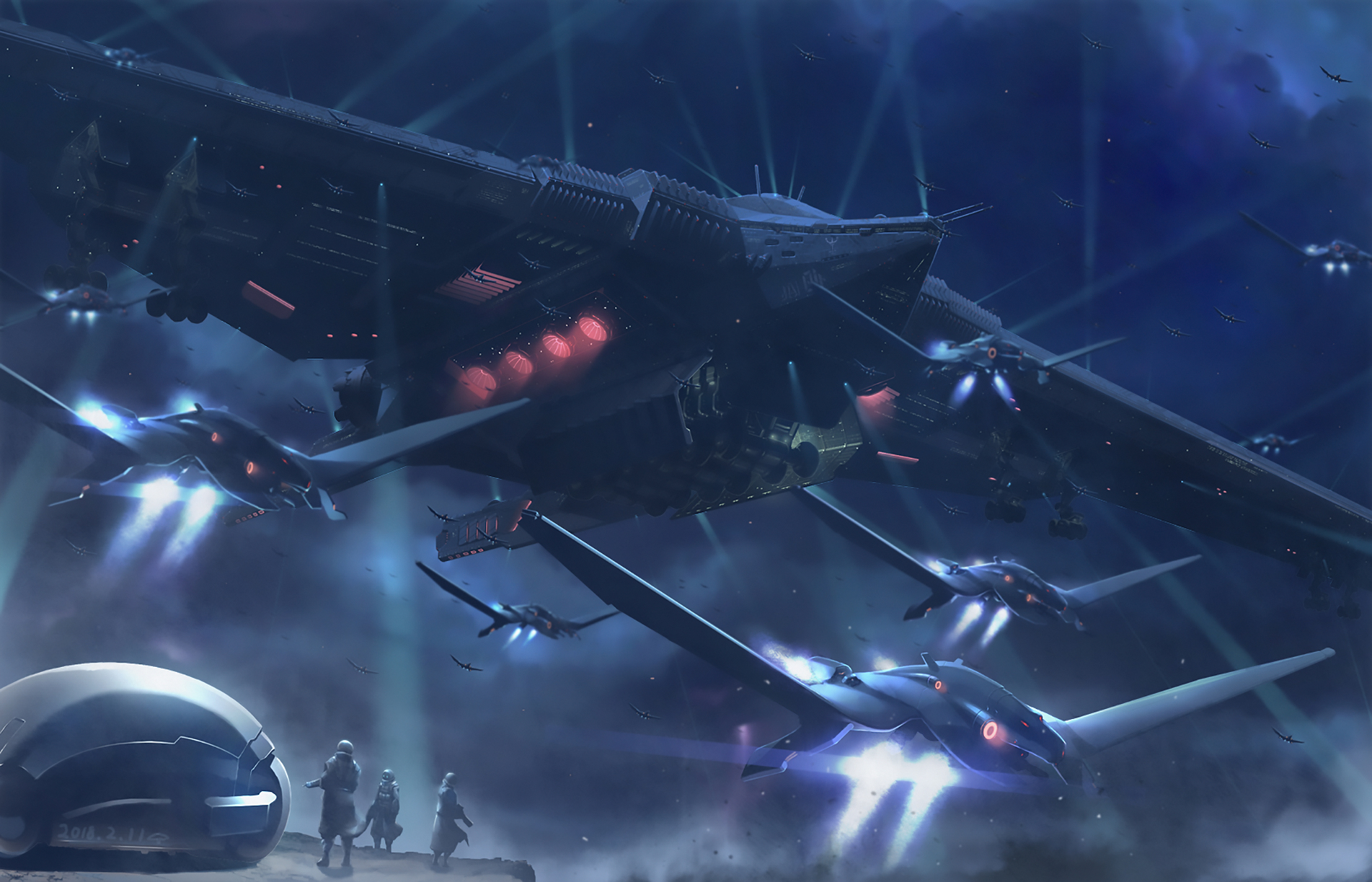 Sci-Fi fleet with large mothership and smaller craft HD Wallpaper