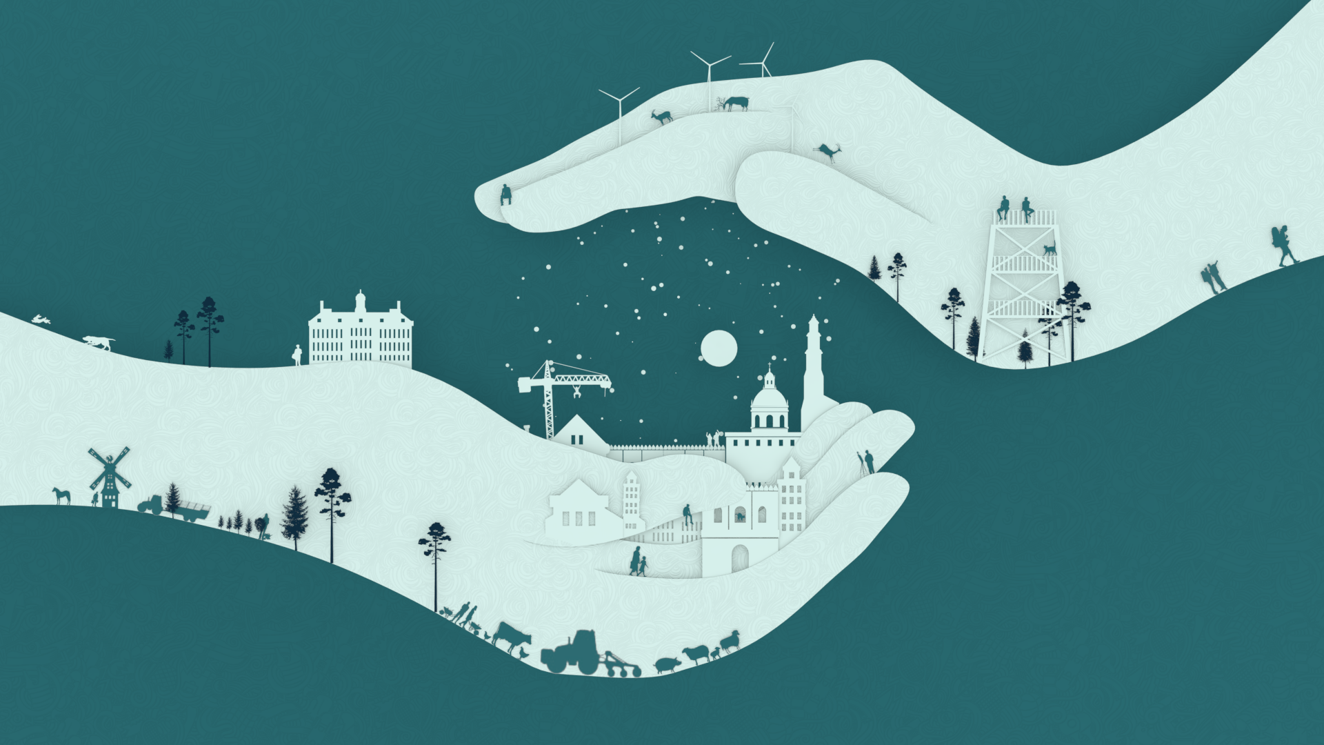 Hands protecting a cityscape and rural landscape HD Wallpaper