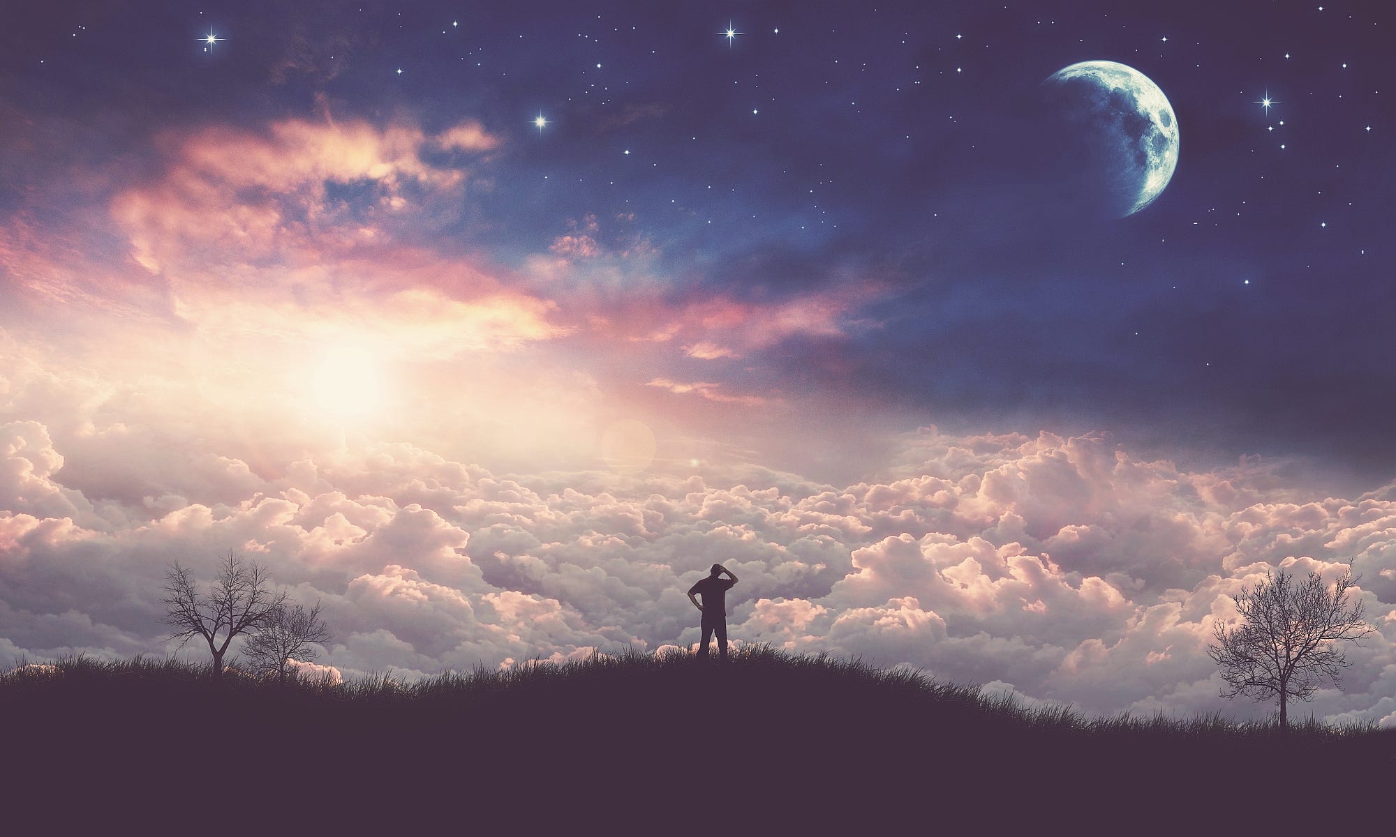 Fantasy landscape with clouds, moon, and stars HD Wallpaper