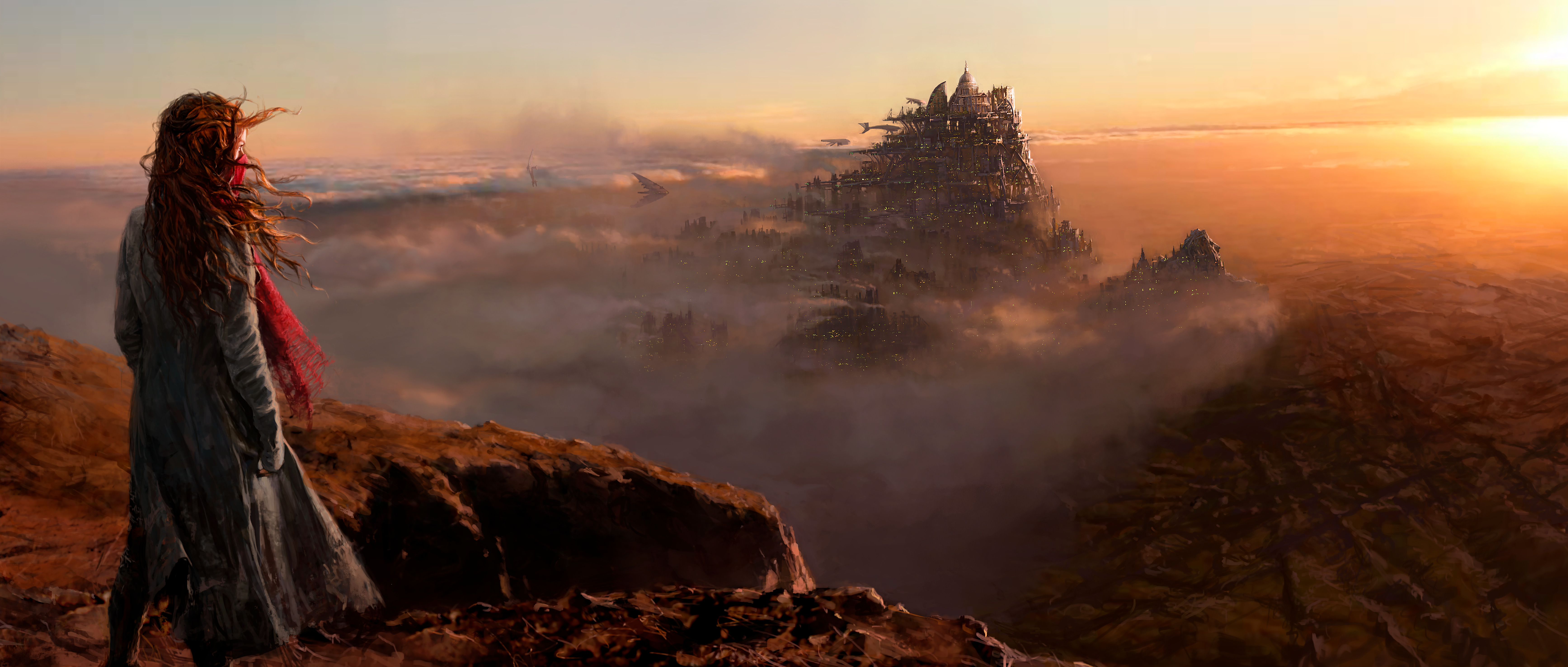 Girl overlooking a steampunk city in the clouds at sunset HD Wallpaper