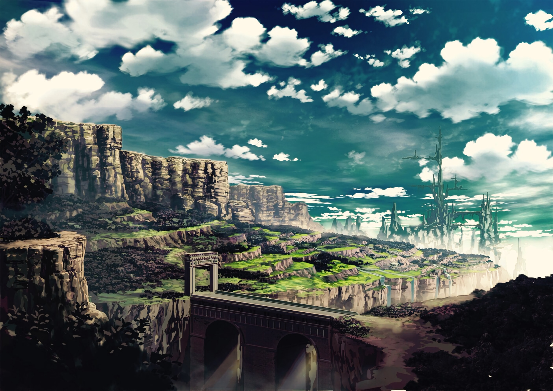 Anime landscape with cliffs and futuristic city HD Wallpaper