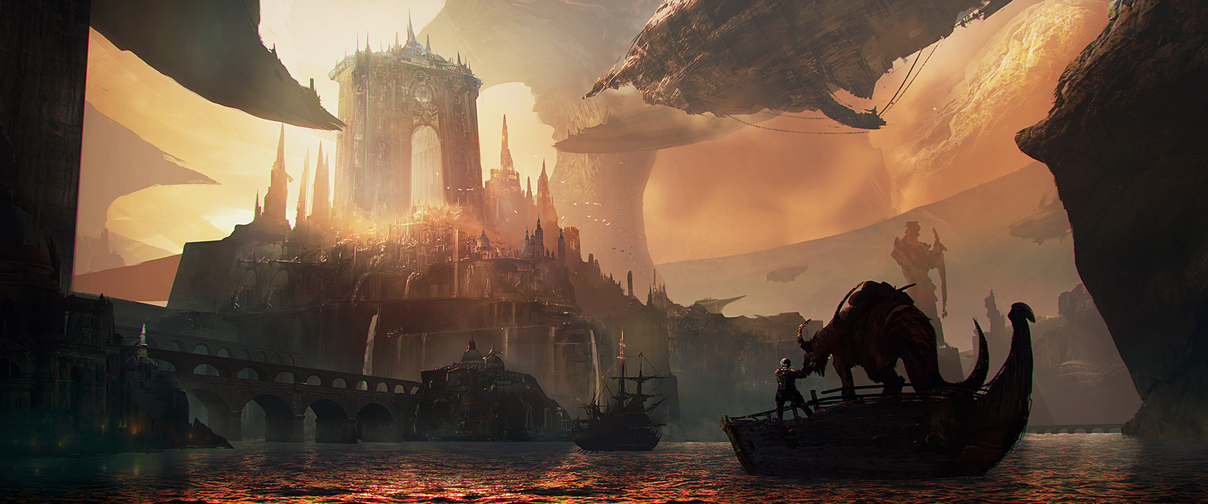 Fantasy city with ships and flying structures HD Wallpaper