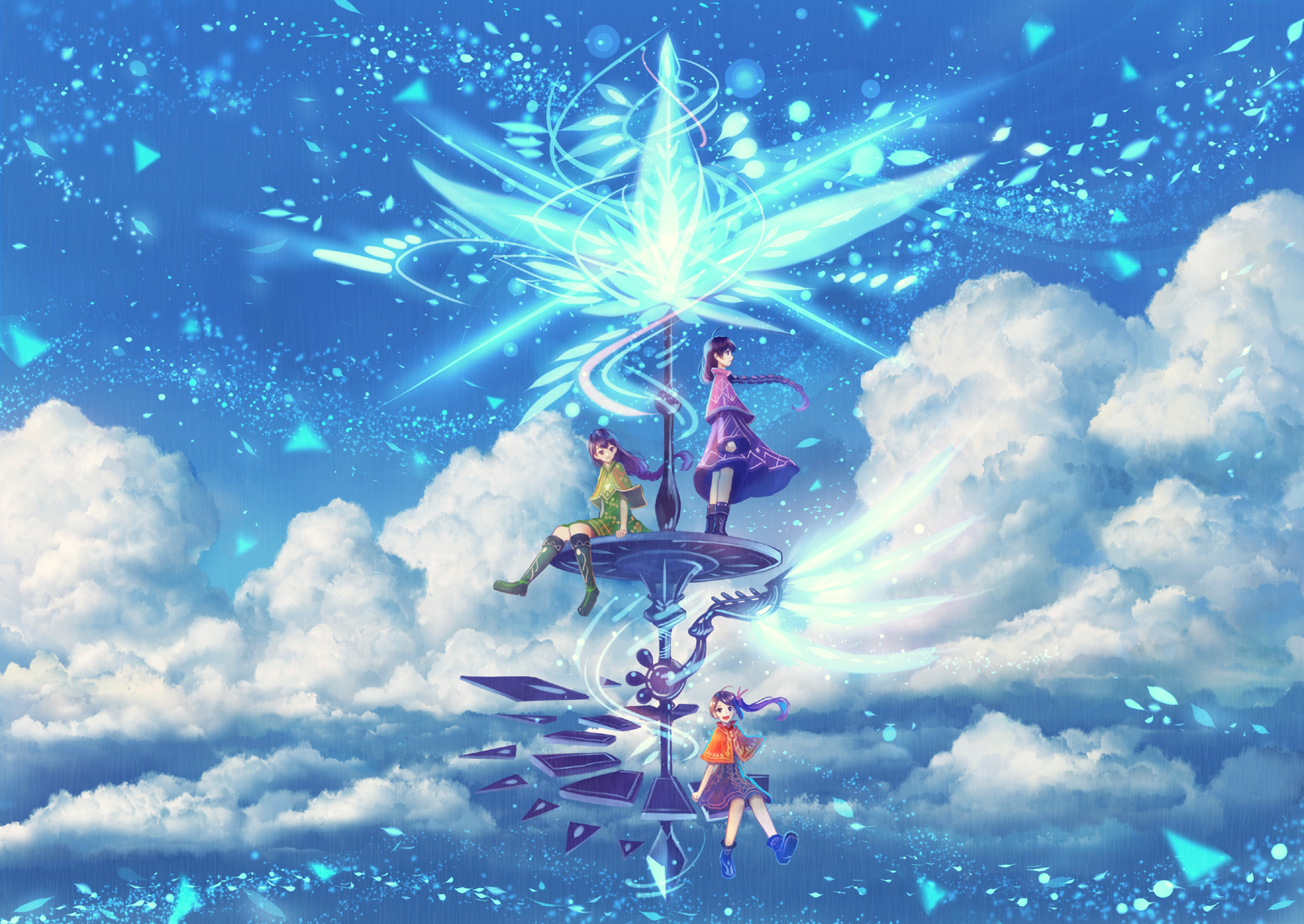 Three girls on a floating platform in the sky HD Wallpaper