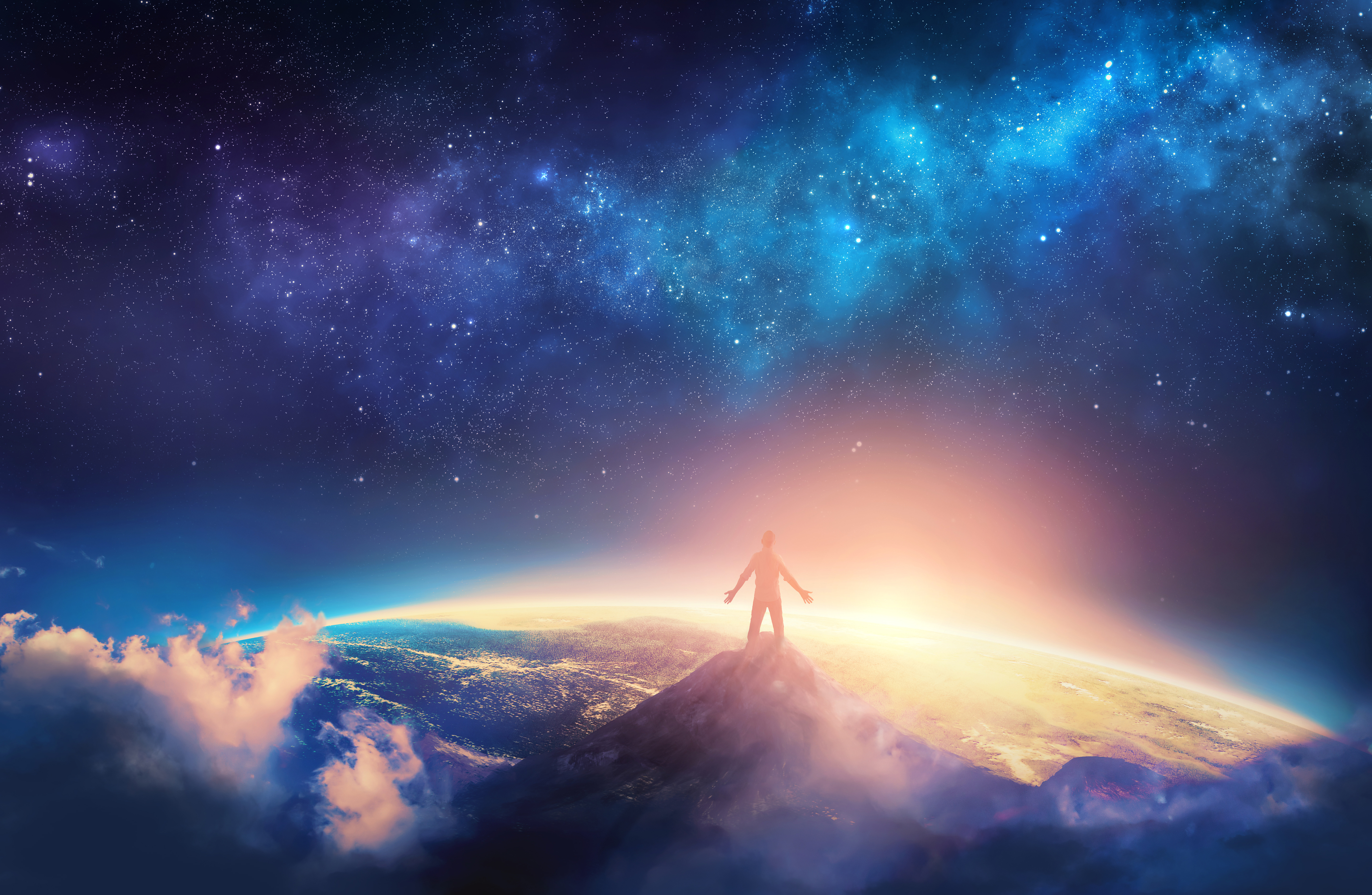 Person standing on a mountain overlooking Earth and stars HD Wallpaper