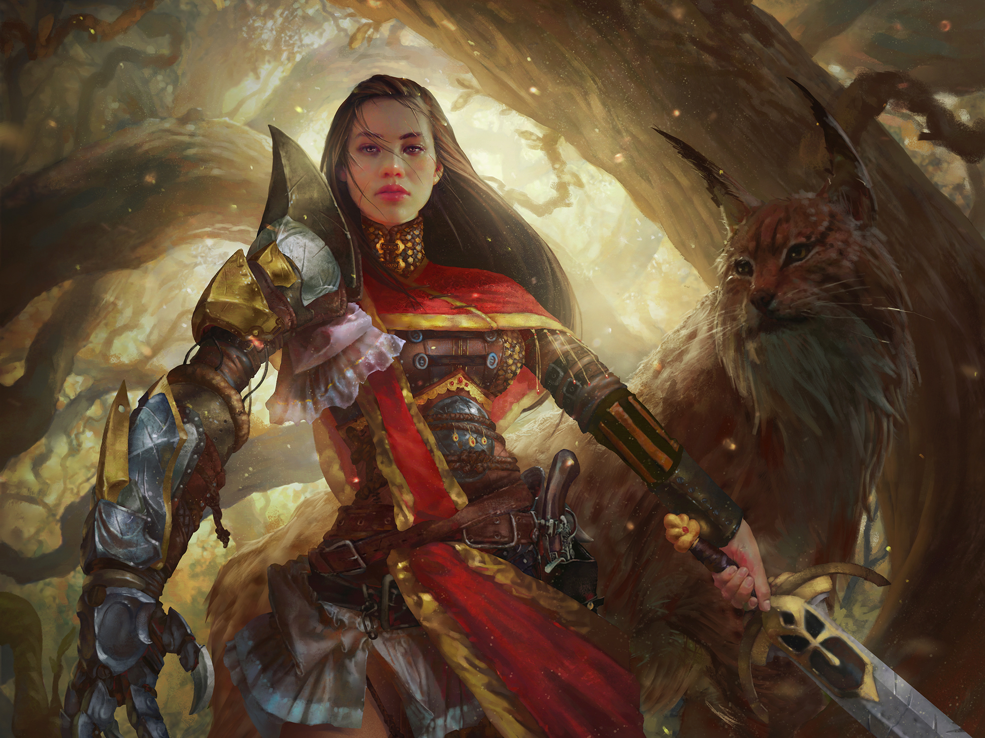Warrior woman with mechanical arm and lynx companion HD Wallpaper
