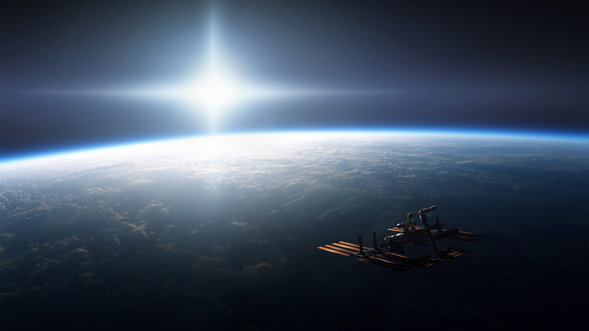 Space satellite orbiting Earth with bright sun HD Wallpaper