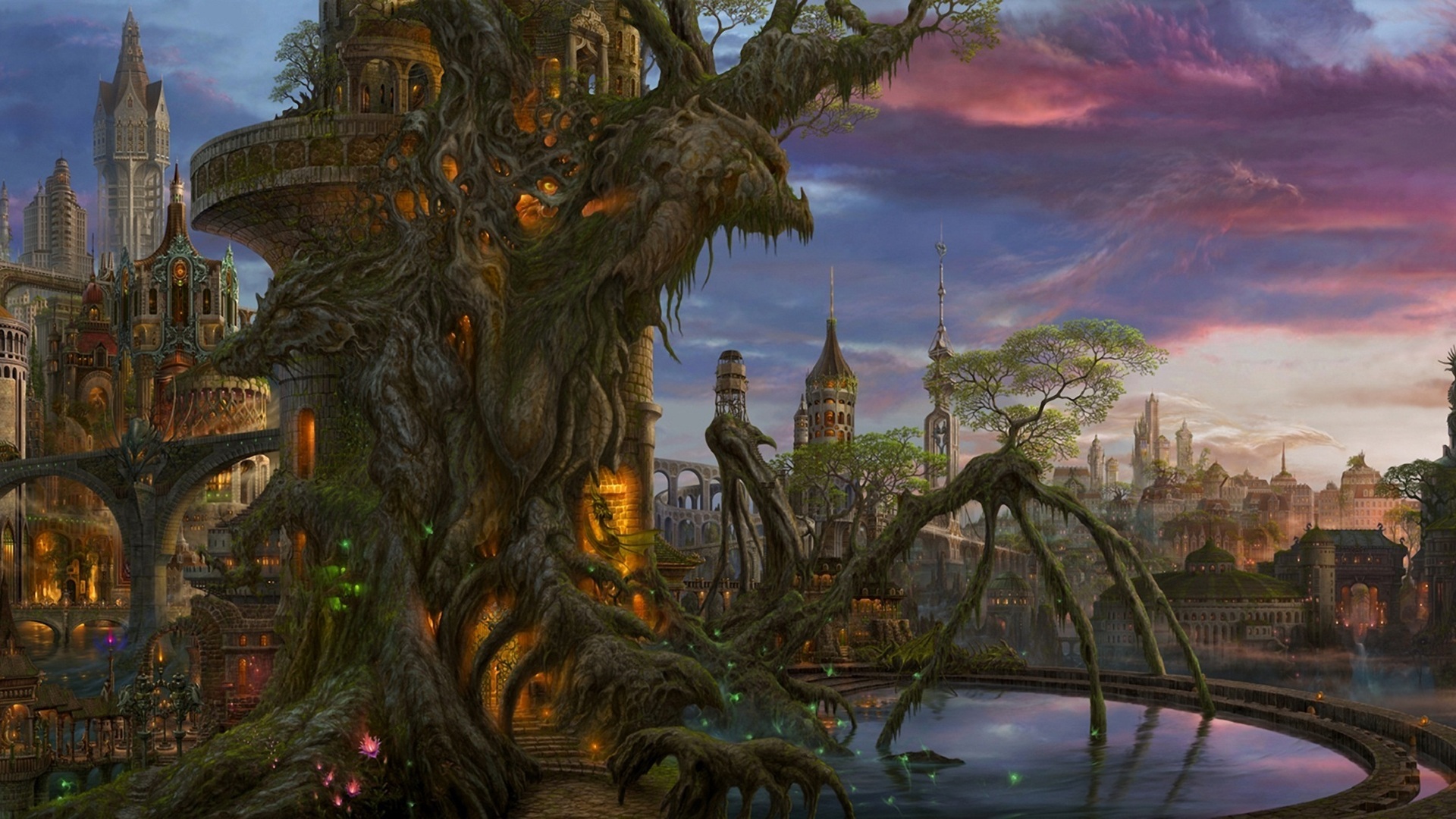 Fantasy city built into a giant tree HD Wallpaper