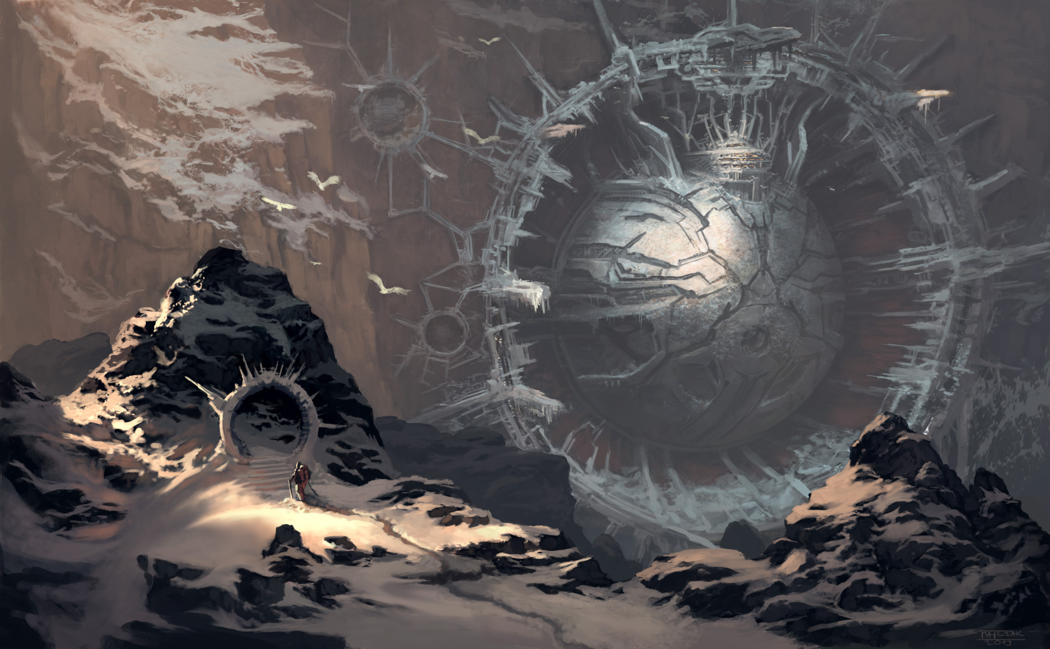 Winter landscape with a giant alien structure HD Wallpaper