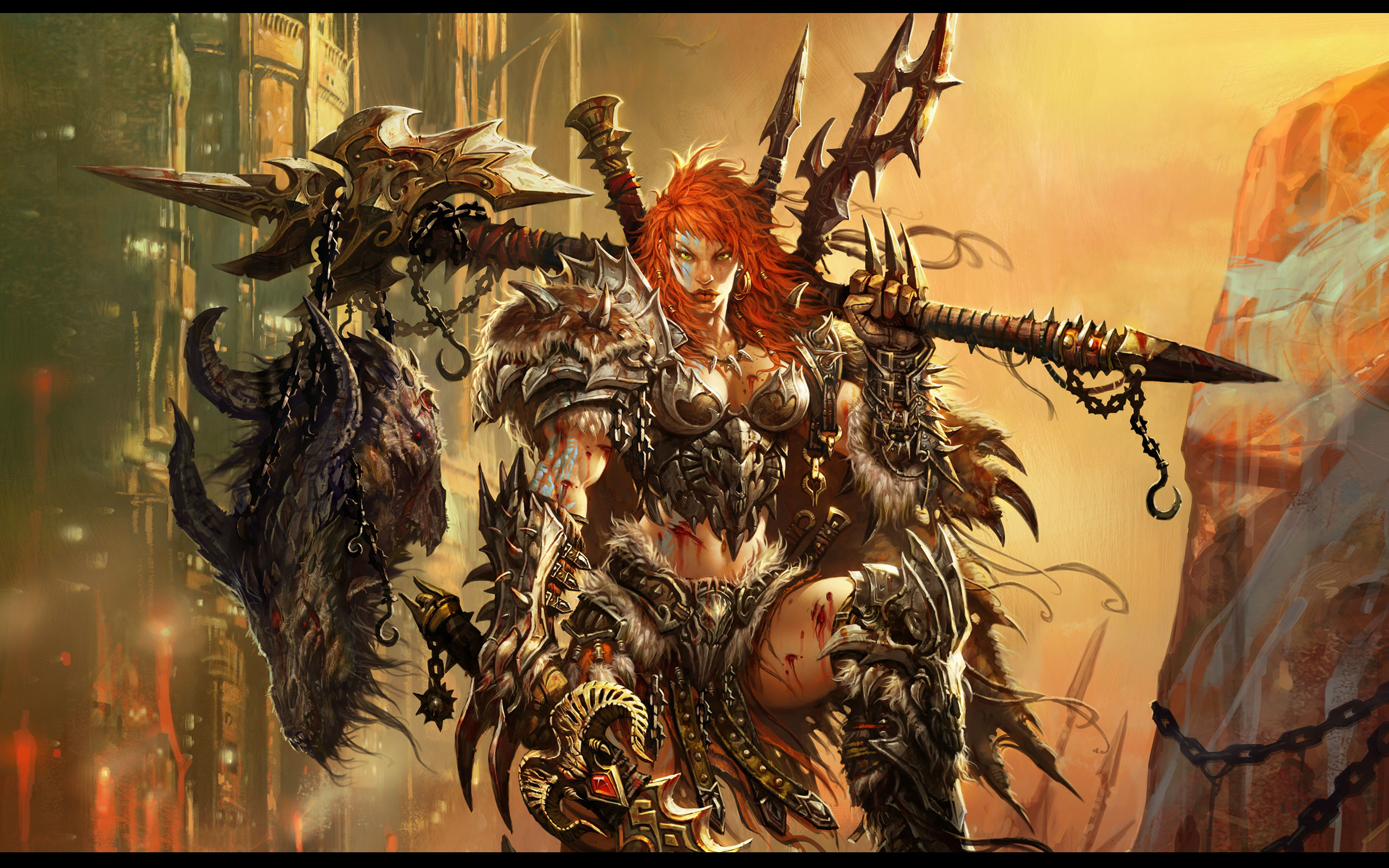 Barbarian from Diablo III holding a dragon head HD Wallpaper