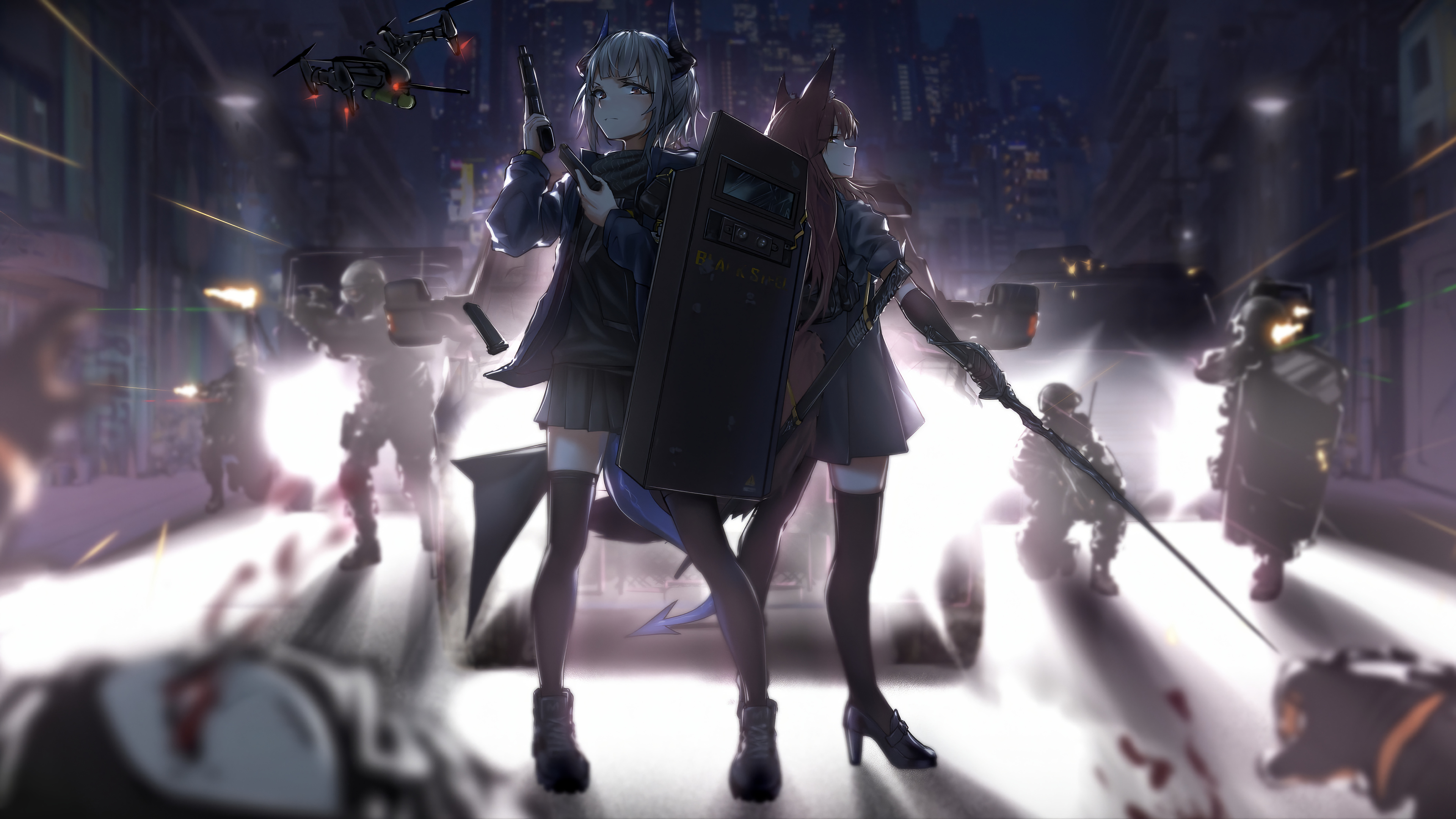 Liskarm and Franka from Arknights in a city battle 4K HD Wallpaper
