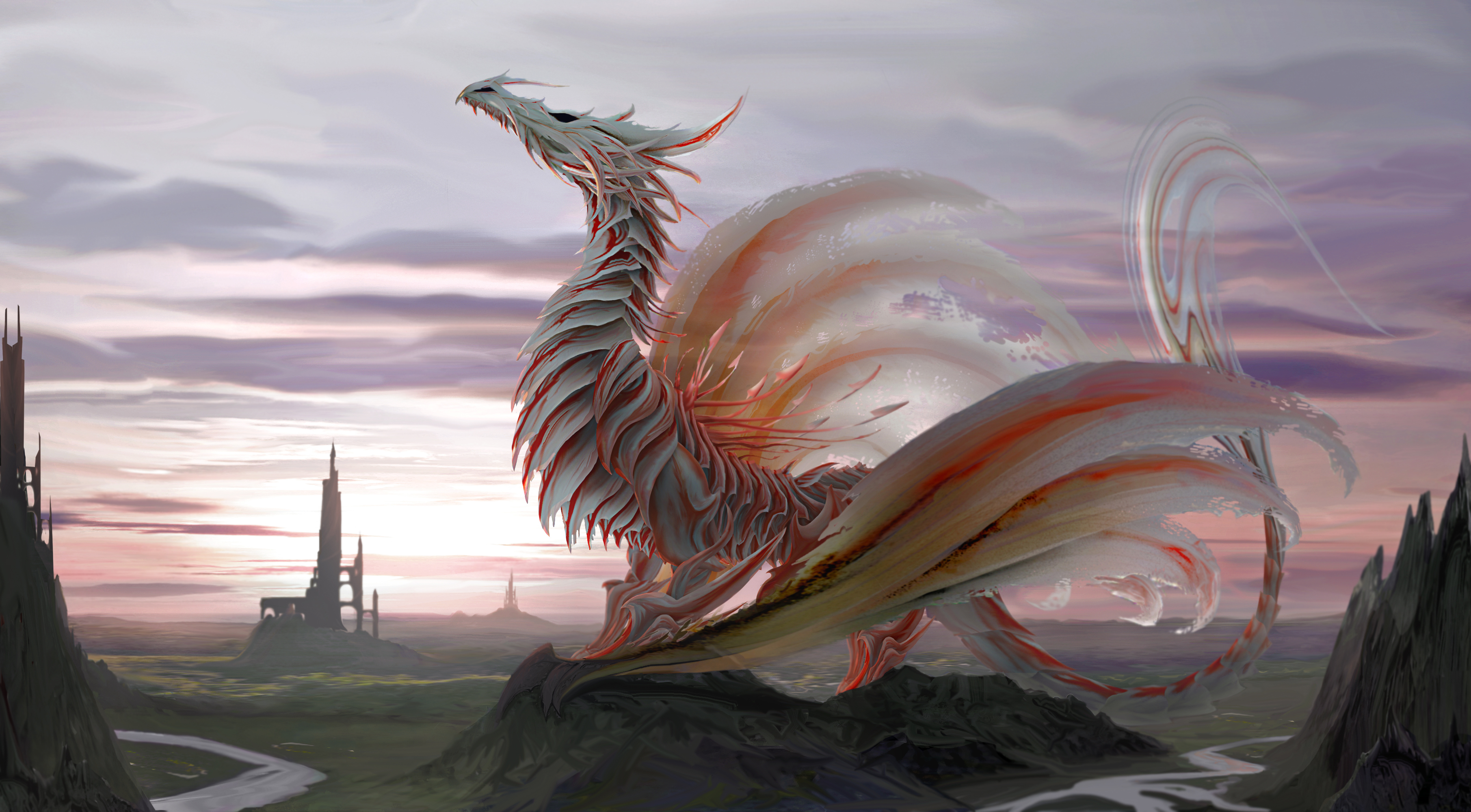 Dragon in a fantasy landscape with towers HD Wallpaper