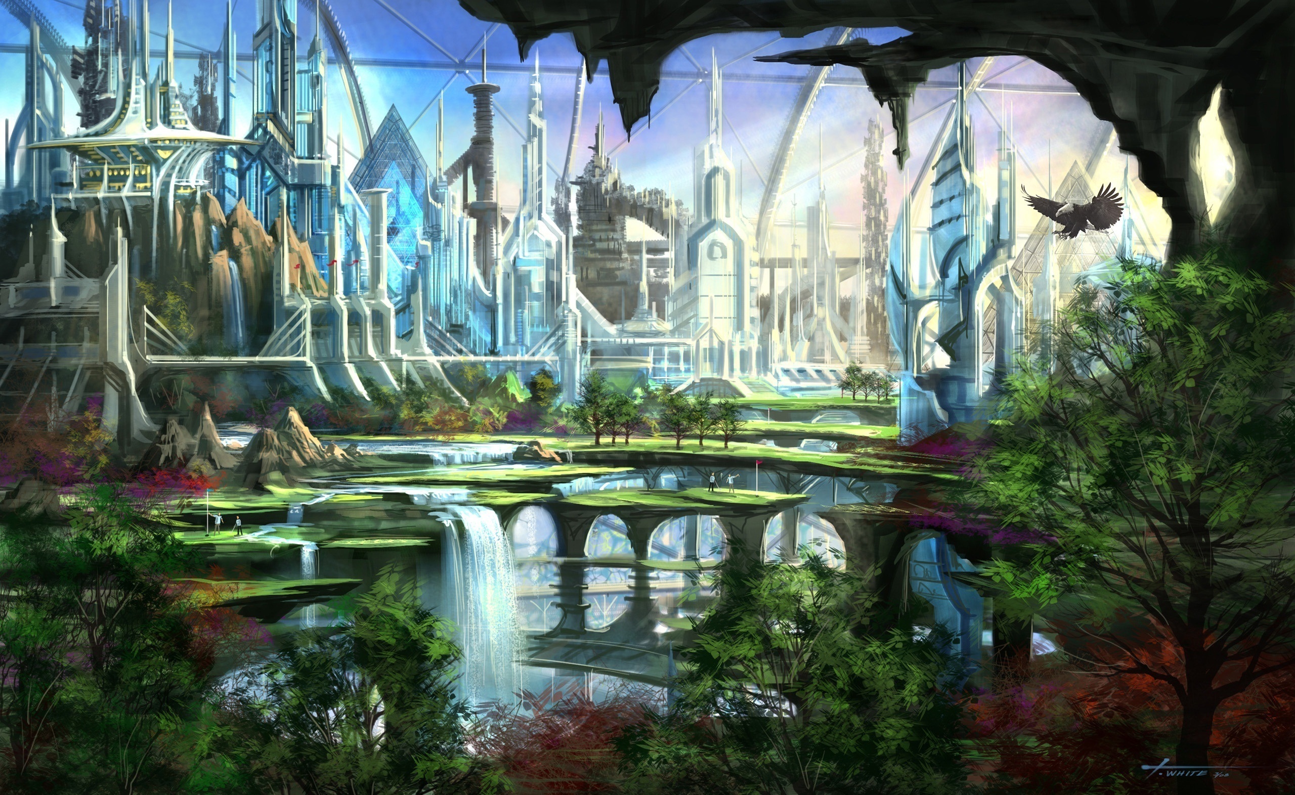 Fantasy City with Waterfalls and Greenery HD Wallpaper