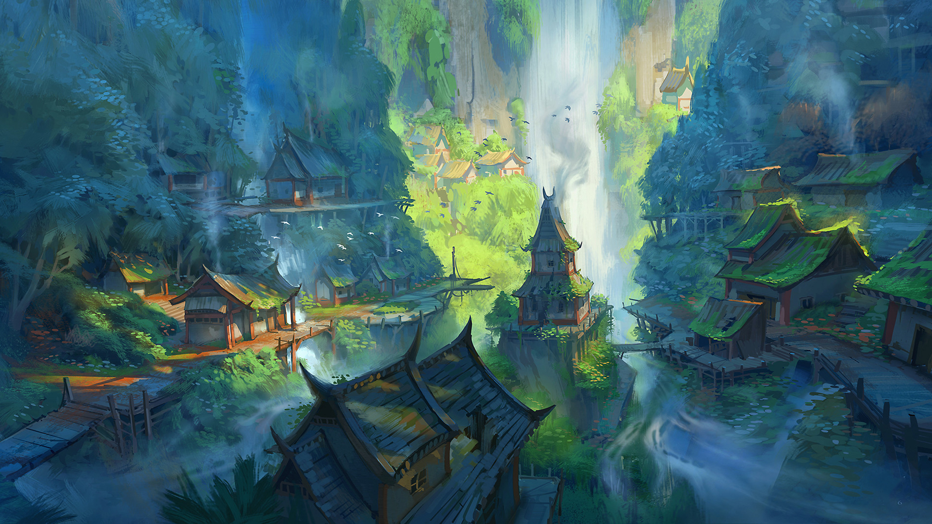Village nestled in a lush valley with a waterfall HD Wallpaper