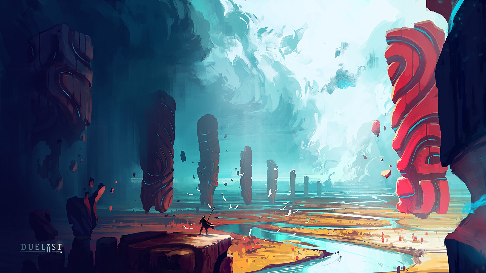 Duelyst game art with floating pillars and a figure HD Wallpaper