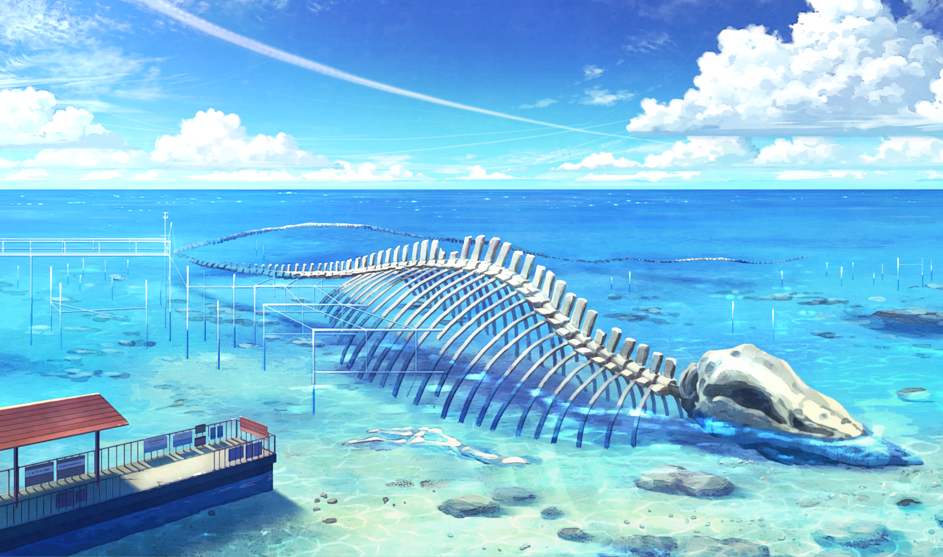 Whale skeleton in shallow blue ocean with pier HD Wallpaper