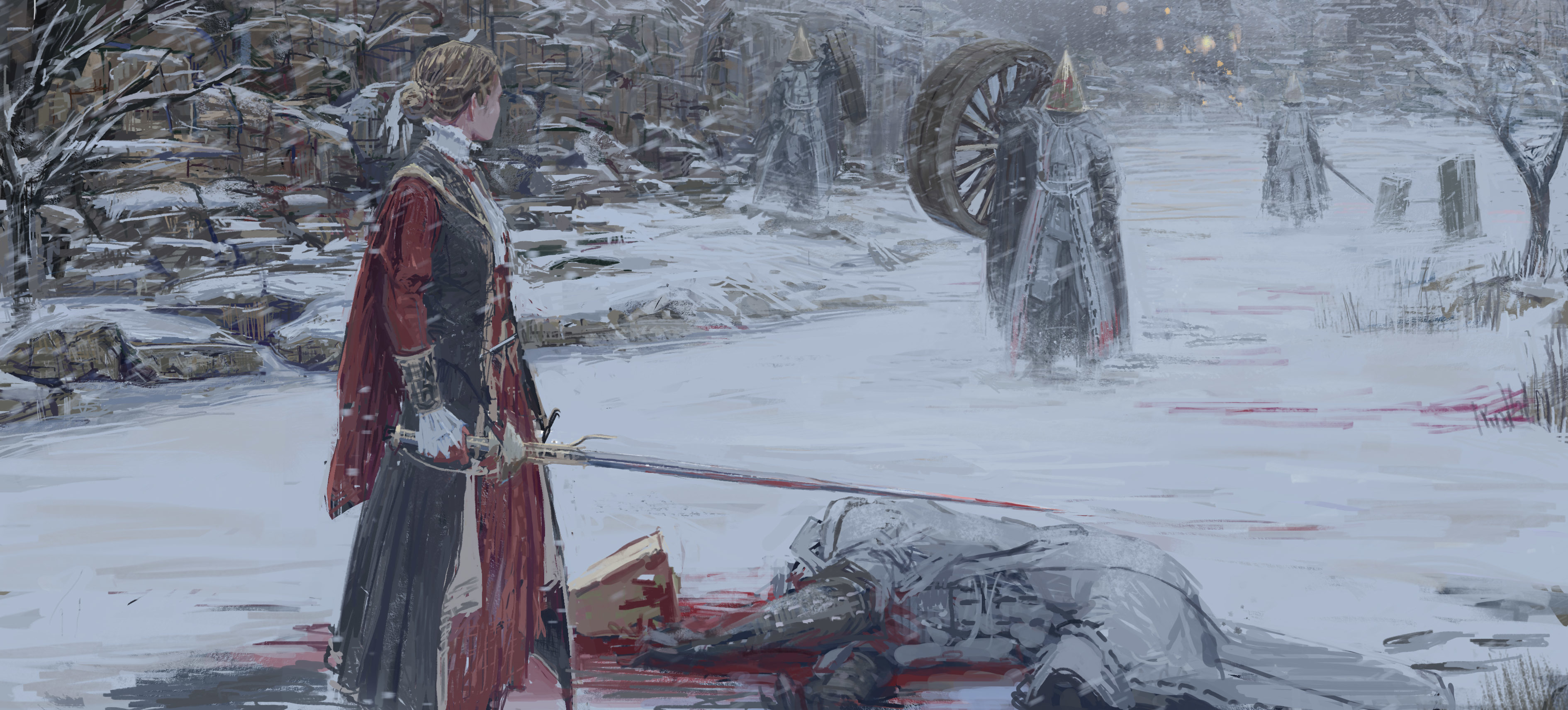 Woman Warrior with Sword over Fallen Knight in Snow HD Wallpaper
